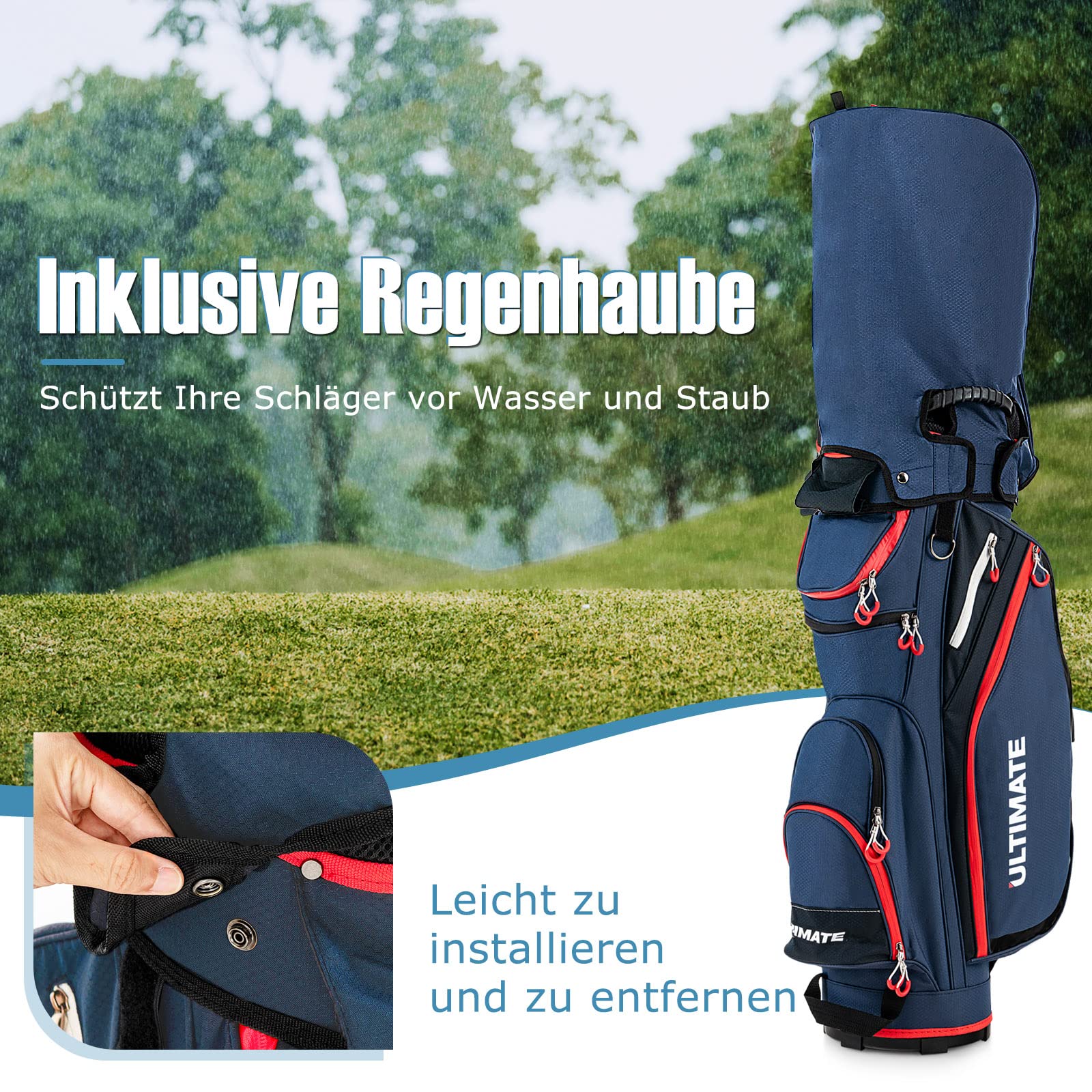 GYMAX Golftasche für bis zu 14 golfschläger, Wasserabweisende Golf-Standtasche mit Regenfülle & Starke Basis, Golfreisetasche mit Griff & Rückengurt, für die Driving Range und Executive Kurse