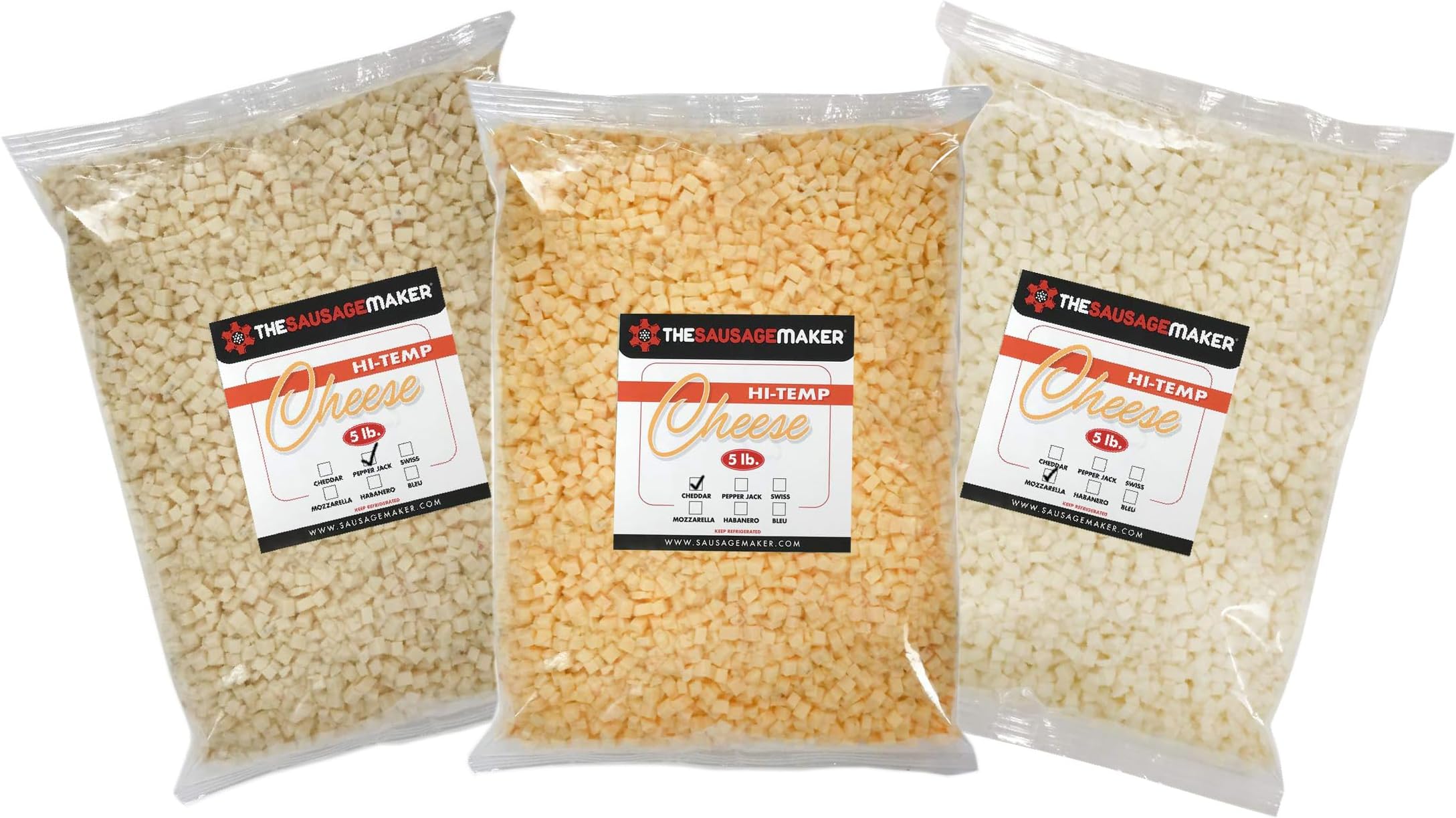 - High Temperature Cheese Assortment Pack - 3, 5 pound Packs - Cheddar, Hot Pepper and Mozzarella