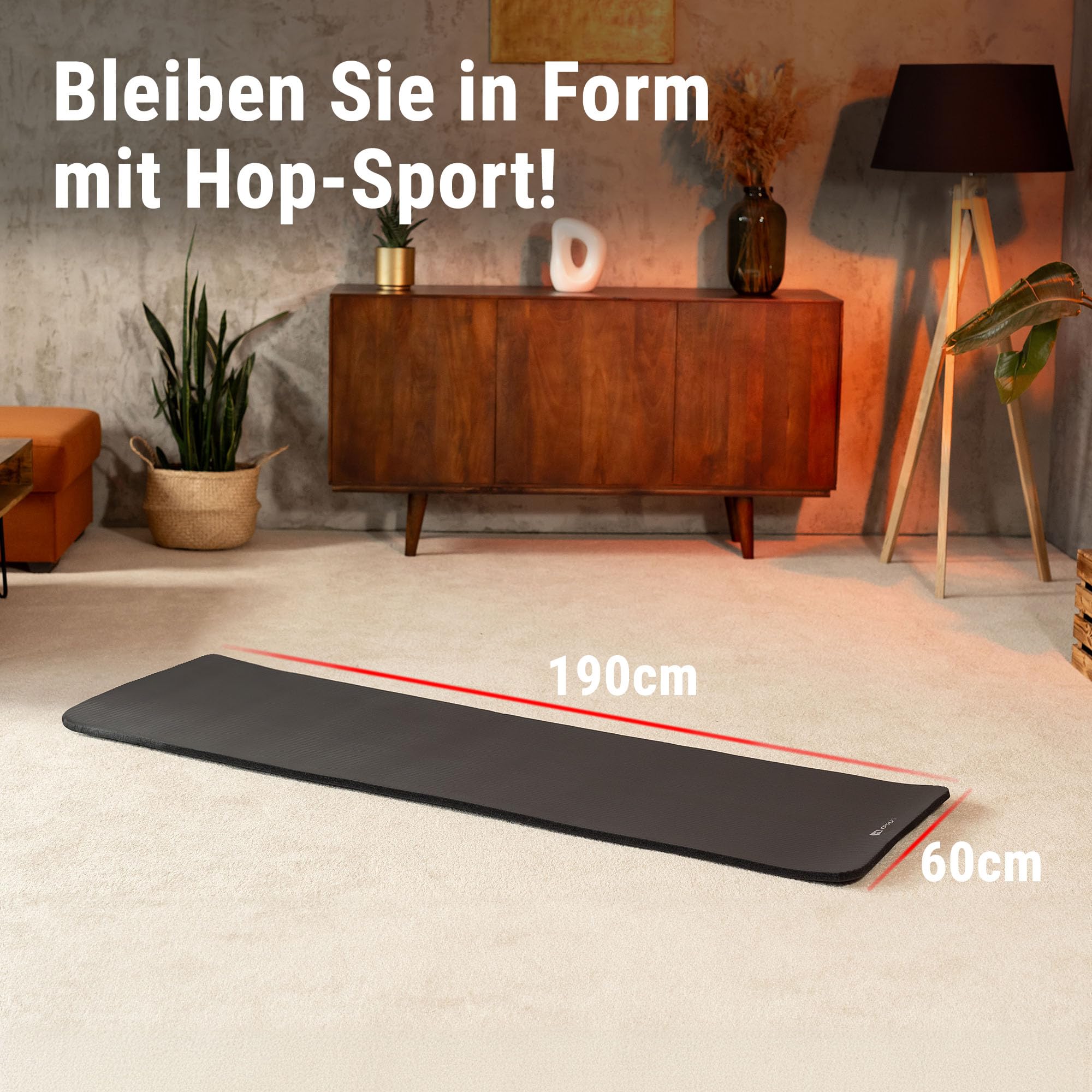 Hop-Sport Gymnastikmatte 190 x 60 cm x 2 cm, Sportmatte - gelenkschonend & rutschfest, Fitnessmatte aus NBR-Schaumstoff - extra-dick + Tragegurt