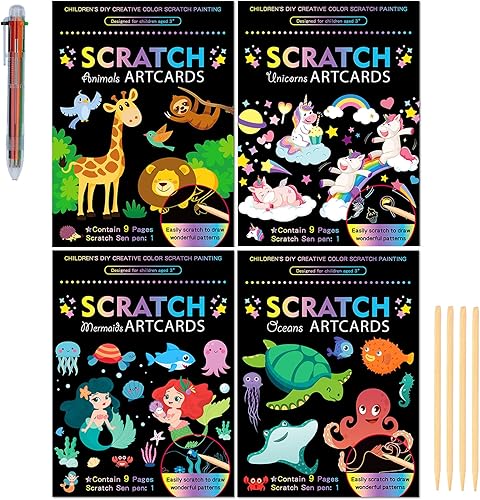 SuyuanArt Animal Unicorn Ocean Mermaid Color Scratch Rainbow Art Paper Set para niños, dibujo mágico, manualidades de madera, lápiz capacitivo,