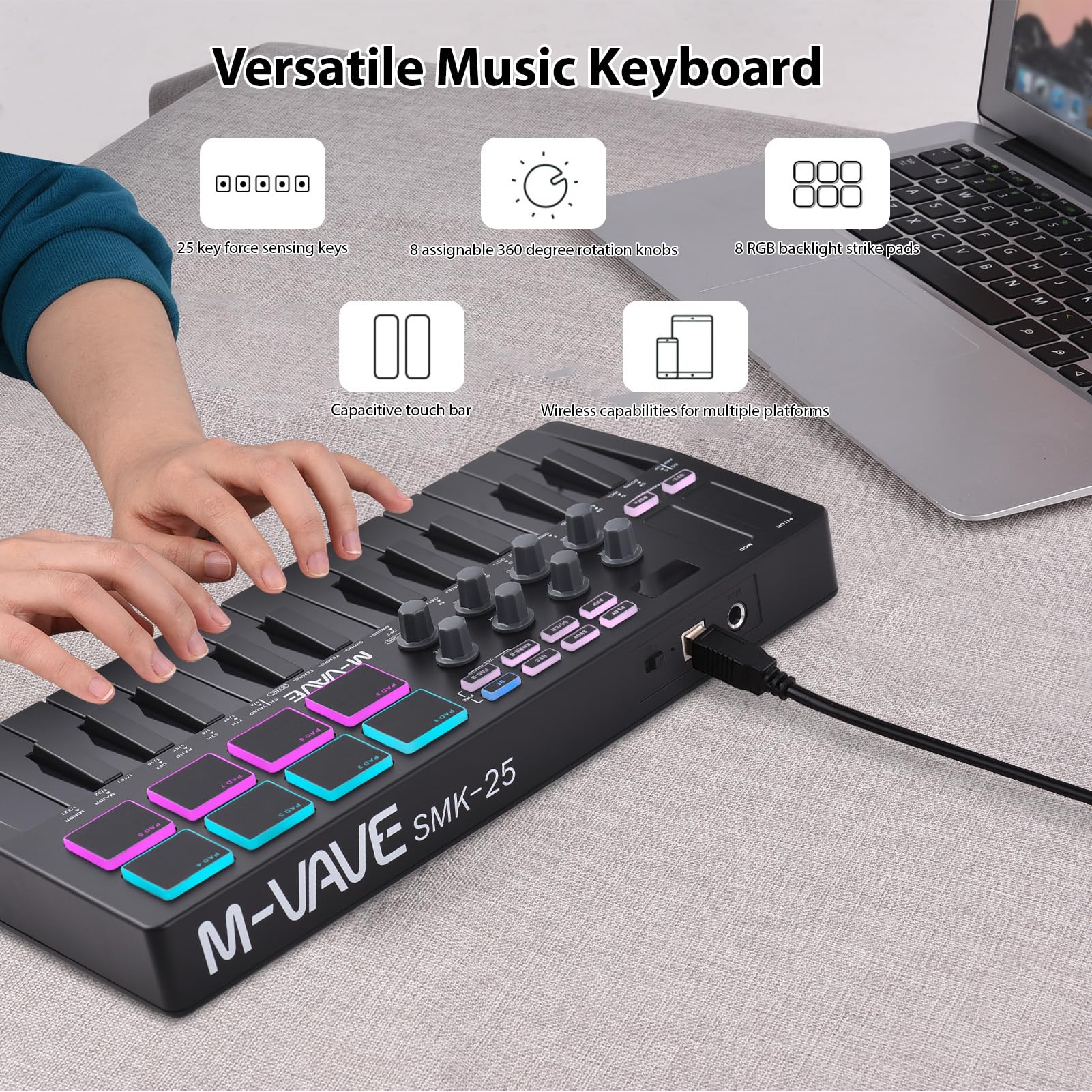 summina MIDI Keyboard Controller Beat Maker Machine Rechargeable 25 Keys MIDI Keyboard Portable Arranging Strike Pad RGB Backlight MIDI Assignable Knobs Buttons for Music Production - Image 2