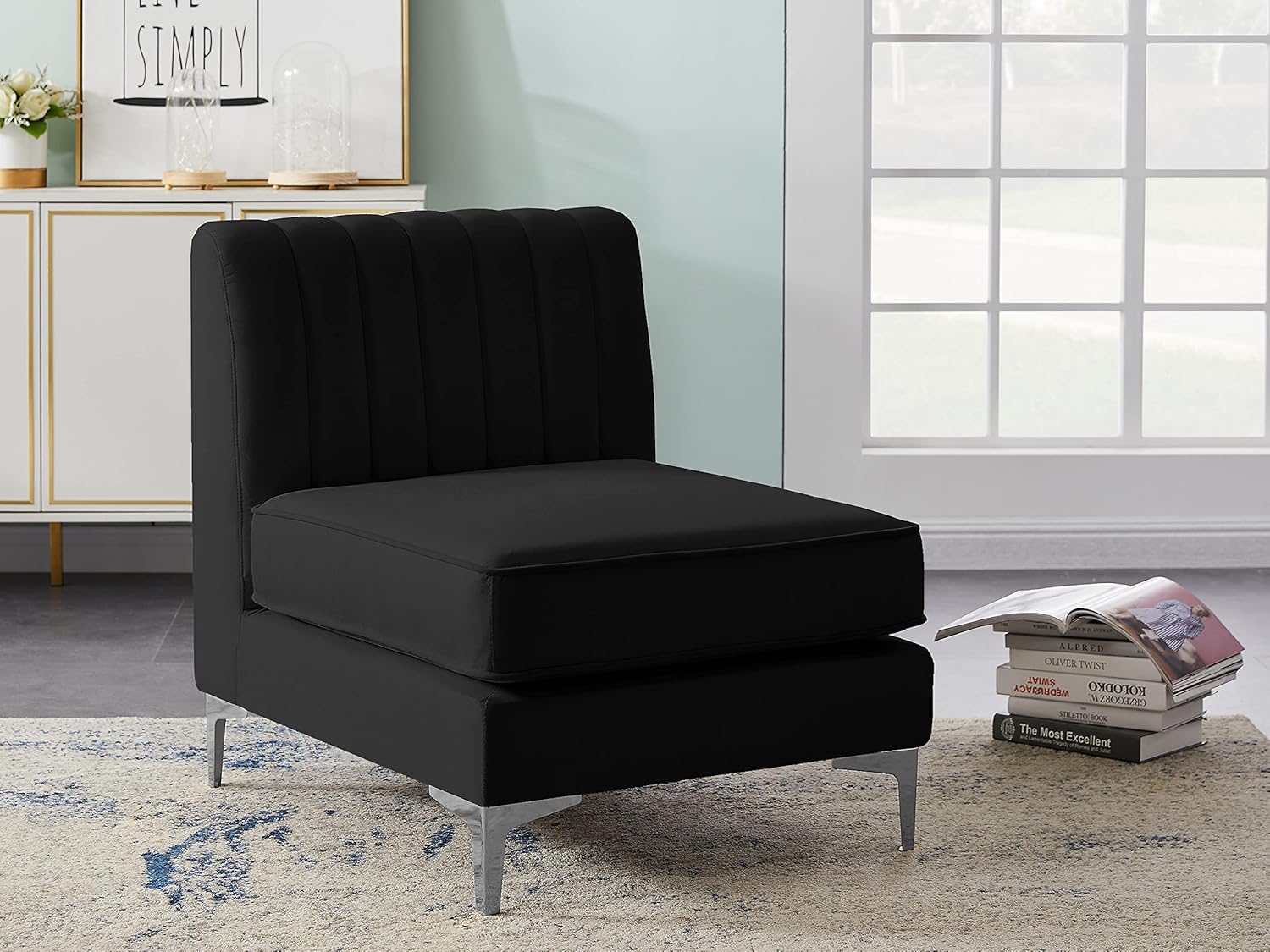 Meridian Furniture 604Black-Armless Alina Collection Modern | Contemporary Velvet Upholstered Modular Chair with Deep Channel Tufting, 26" W x 32.5" D x 31" H, Black