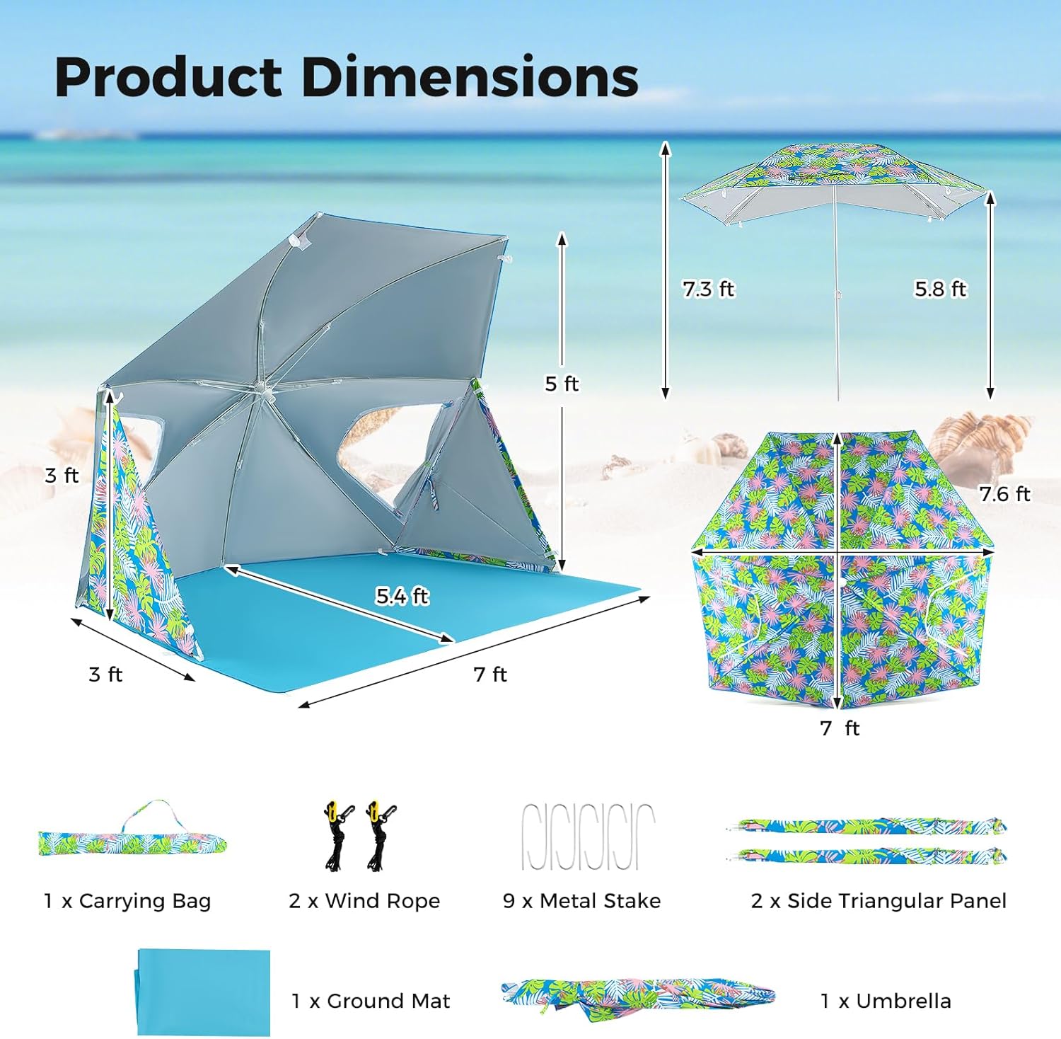 GYMAX Beach Umbrella Tent, 2-in-1 Pop up Beach Tent UPF50+ with Carrying Bag, Groundsheet, Side Panels, Sun Shelter for Outdoor Camping