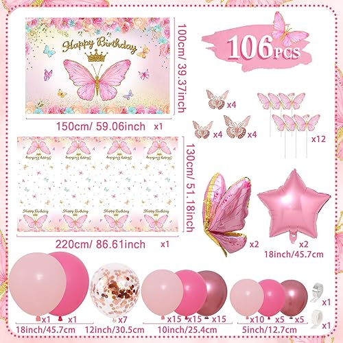 Miniatura 2 de Kit de arco de globos rosa con globos de mariposa de aluminio, telón de fondo de feliz cumpleaños y decoraciones de mantel para fiesta de niña - 106