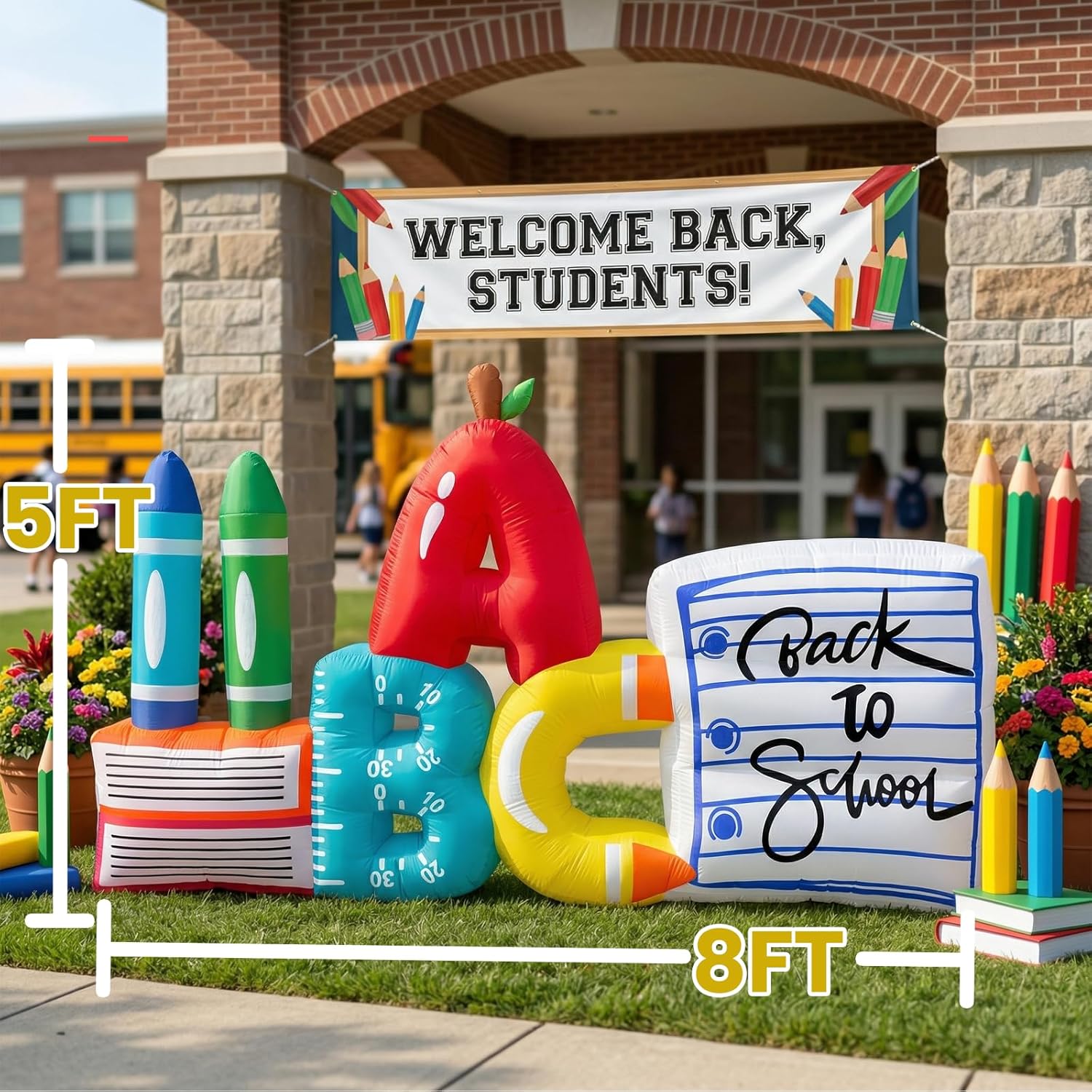 8FT Long Back to School Inflatable Decoration Giant ABC School Supplies Blow Up Outdoor Decor with LED Lights for Outdoor, Indoor, Patio, Lawn Garden Yard Decoration