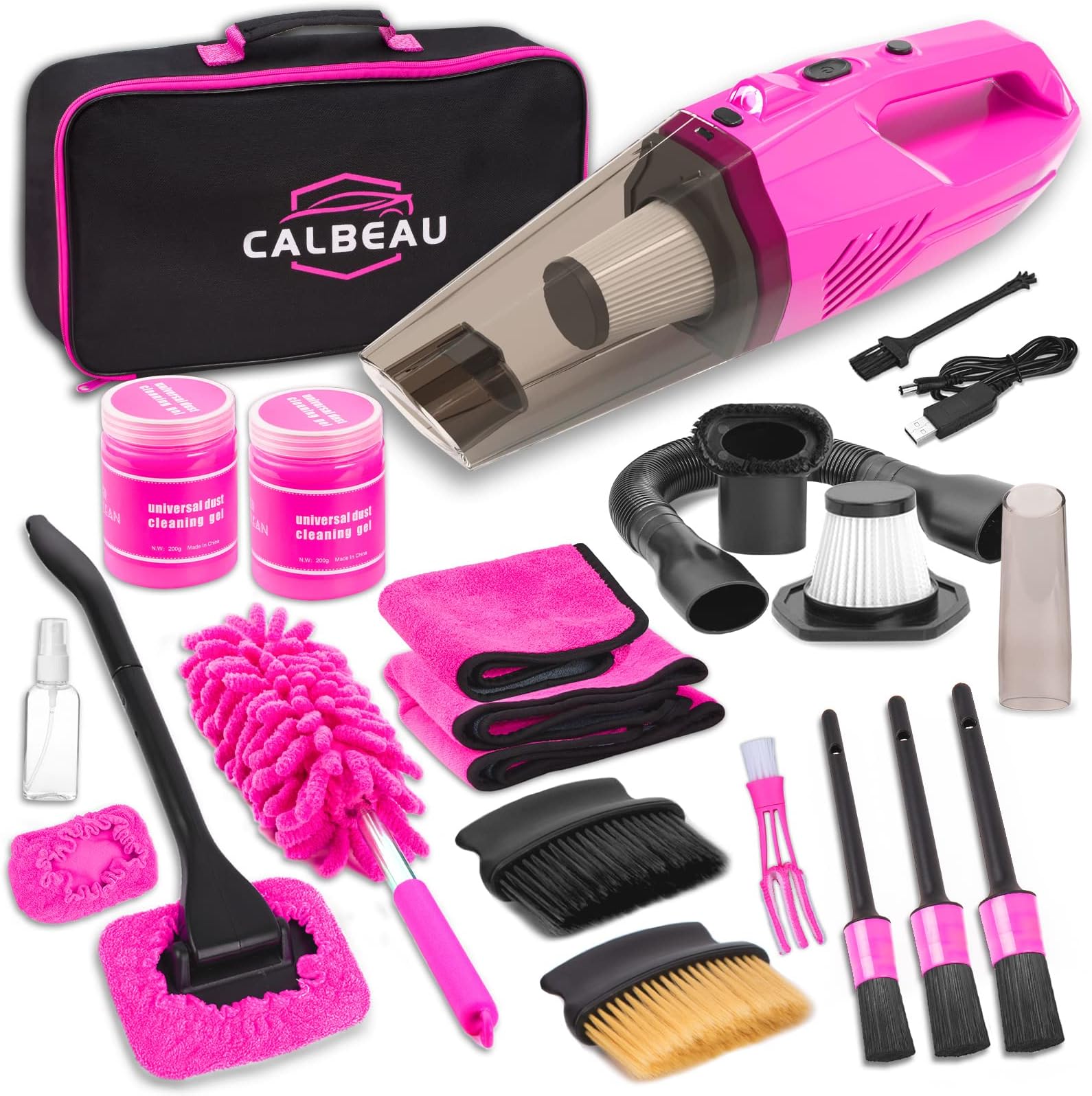 Car Interior Detailing Kit with Car Vacuum Cordless Rechargeable, 8000 PA Suction Portable Vacuum Cleaner with 15PCS Cleaning Kit, Pink Car Accessories for Women Gift