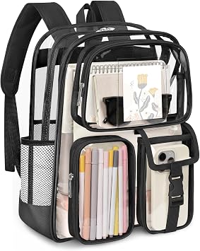 Attmu Clear Backpack for Stadium Events, Heavy Duty PVC Transparent Bookbag with Reinforced Strap, Large Capacity See Through Clear Bag for College Concerts Sport Work Security Travel, Black