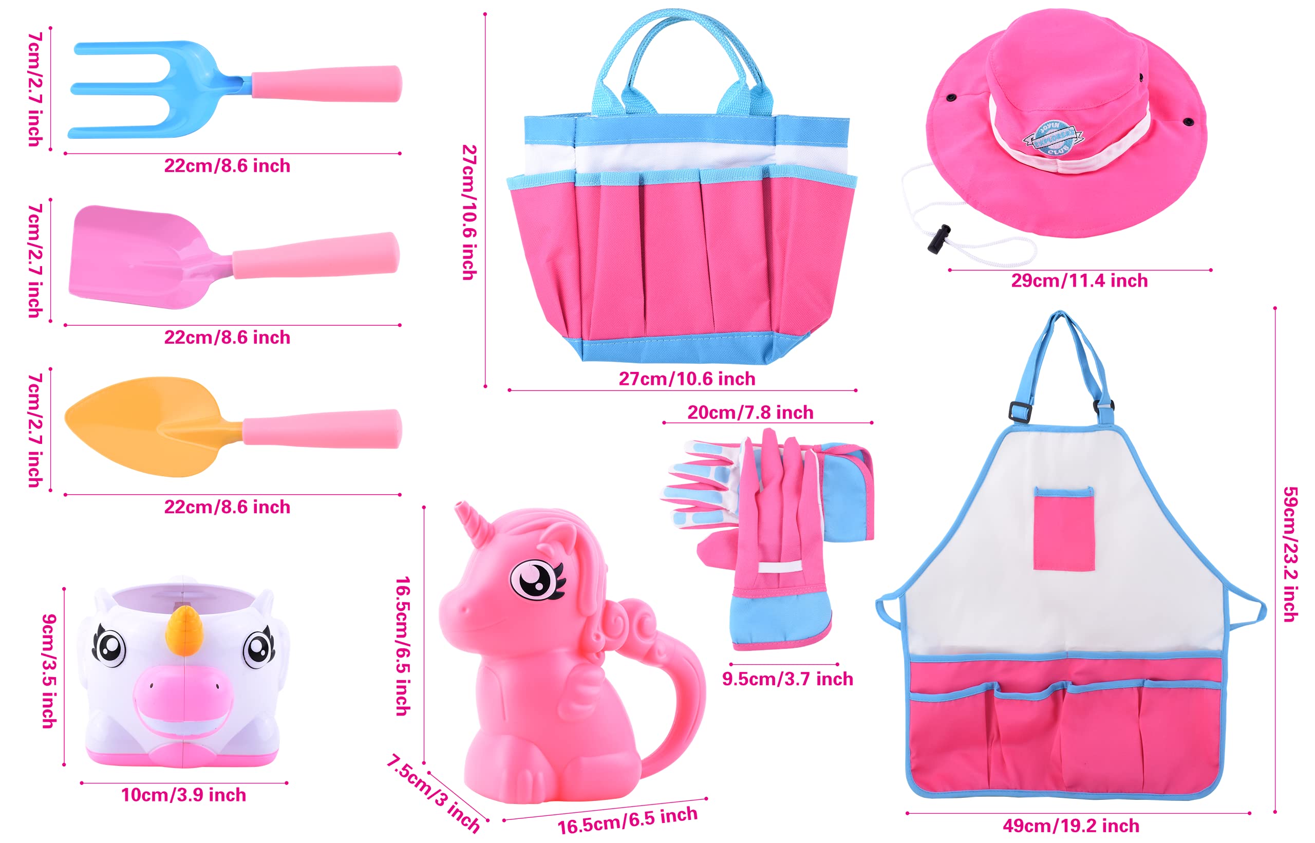 JOYIN Unicorn Kids Gardening Tool Set Toy Includes Watering Can and Planter, Sun Hat, Gloves, Apron and Kids Gardening Kit Like Shovel, Rake and Trowel, Outdoor Play Gardening Gifts (Unicorn) - Image 4