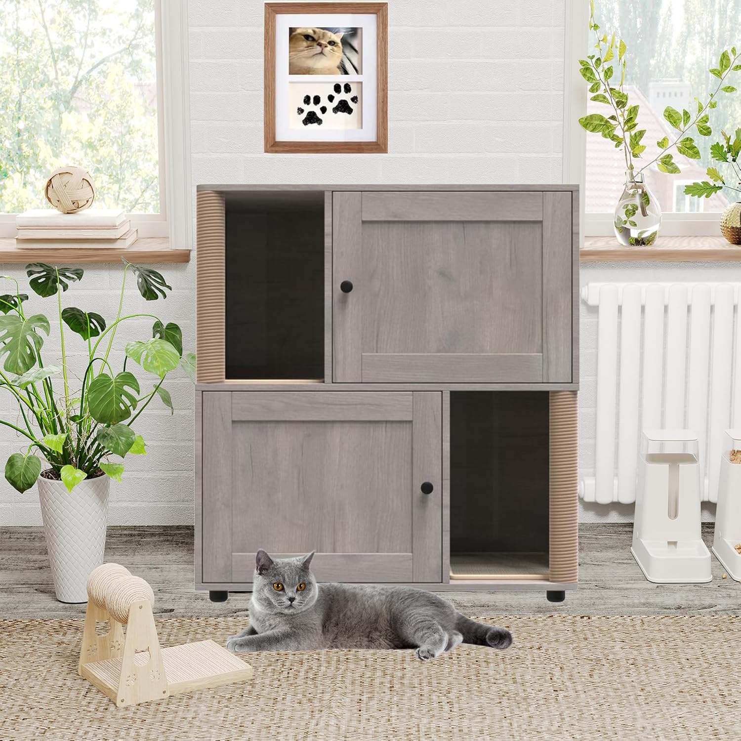 2 Tier Enclosed Litter Box Enclosure with Scratching Post and Dual Mats, Double Litter Box Enclosure Furniture for 2 Cats, Wood Cat Kitty House Cabinet Grey