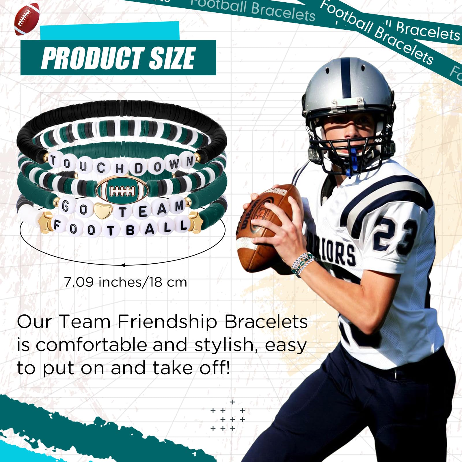 Landical 24 Pcs Football Bracelets Team Friendship Bracelets Football Party Favors for Women Men Stackable Stretch Sports Bracelet for Team Fan Party Supplies Award Gift(Green)