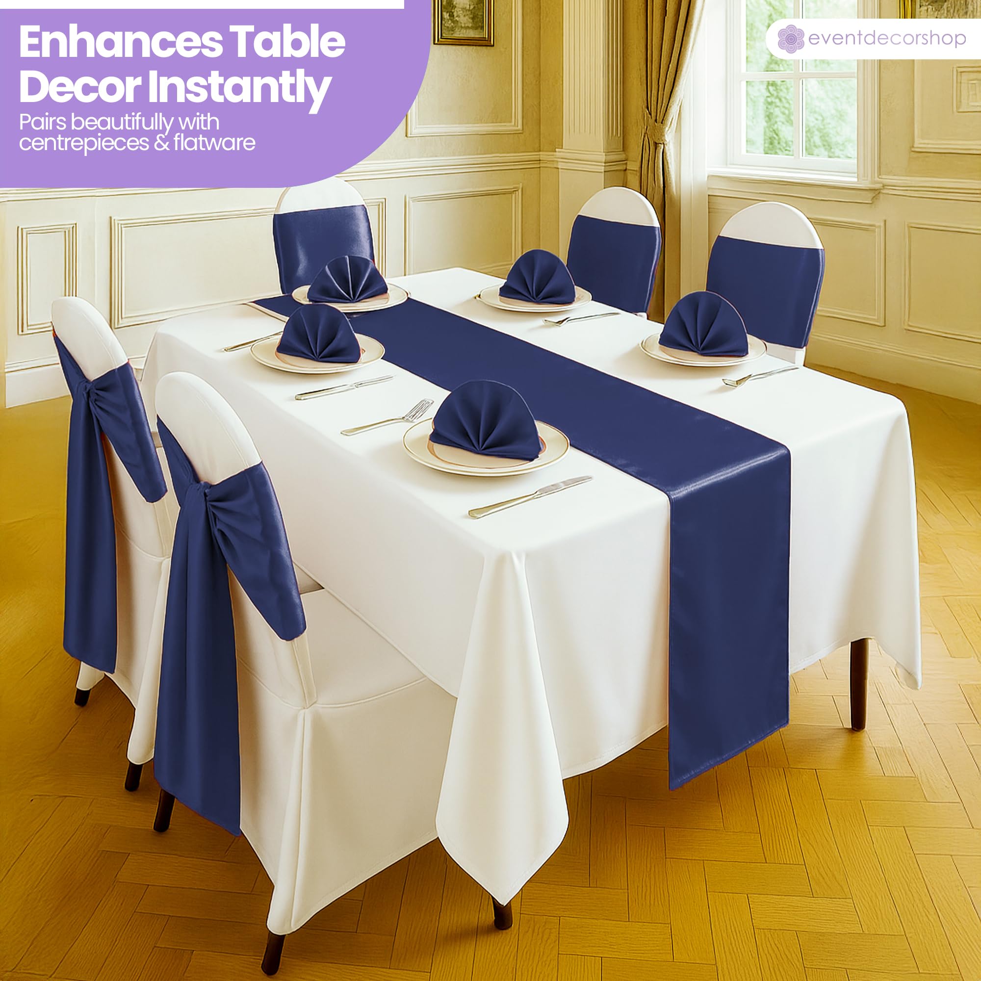 Event Decor Shop Camino de mesa azul marino para mesa de comedor de 11 x 108 pulgadas, camino de mesa de seda satinada, sin arrugas, elegante camino de mesa de satén para decoración de bodas, comedor
