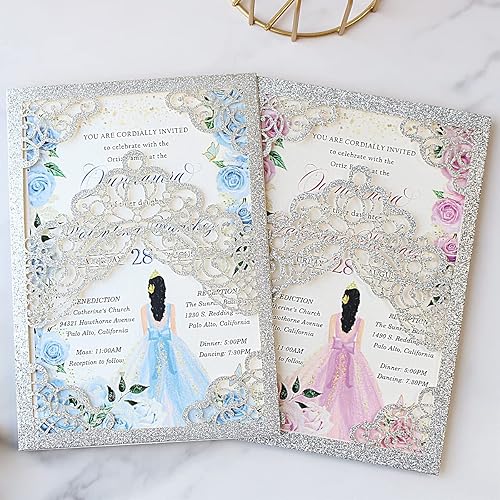 Miniatura 7 de Hosmsua 50 invitaciones de quinceañera con purpurina plateada personalizada de 5.1 x 7.3 pulgadas, corte láser, corona floral, bolsillo, tarjetas de