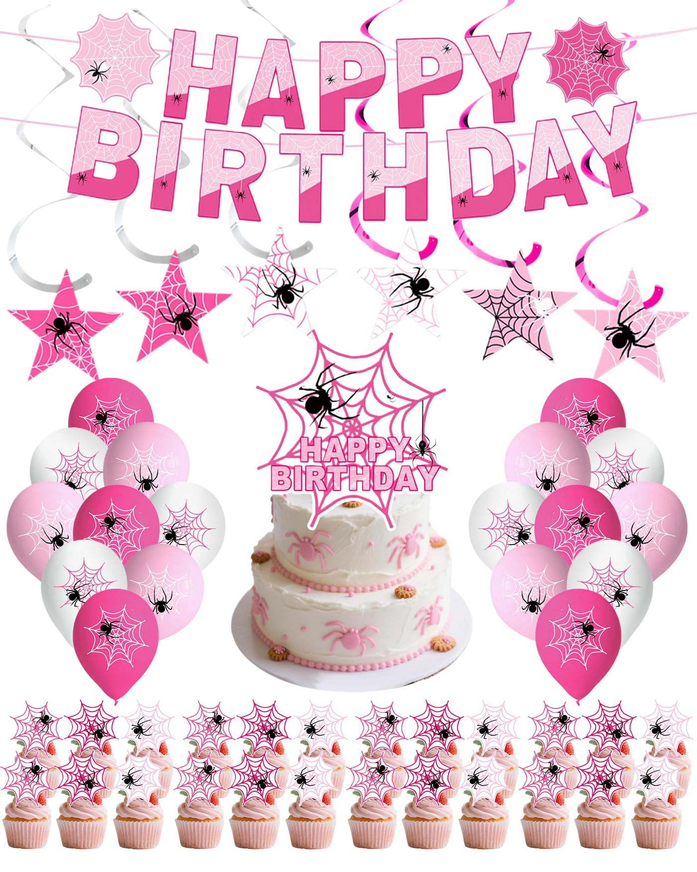 Pink Spider Birthday Party Supplies, Ghost Spider Birthday Party Decorations Include Banner, Balloon, Hanging Swirl Spiral, Cake Toppers