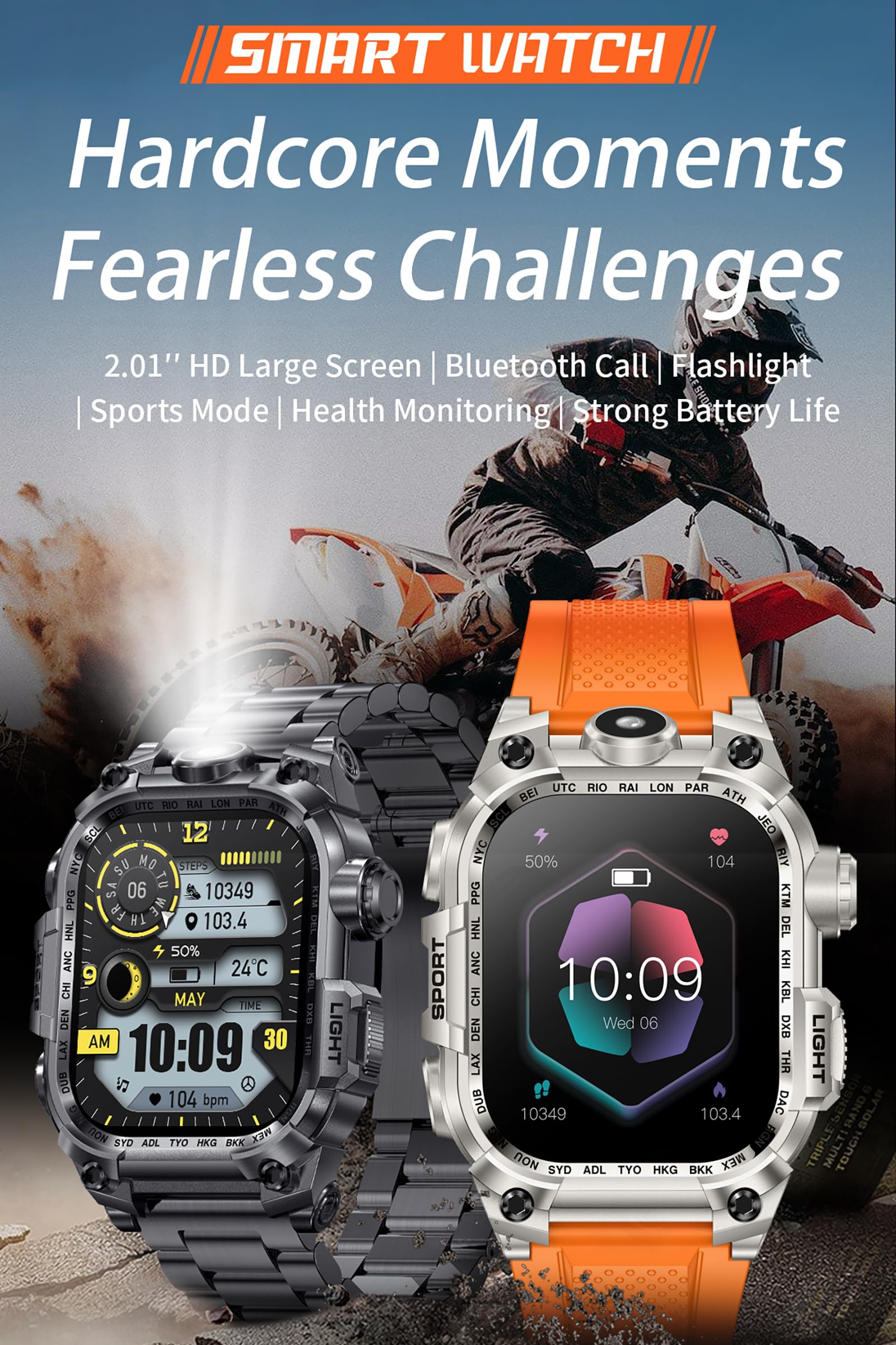 Orologio militare, da uomo, con torcia a LED, funzione telefonica, 2,01", robusto, per attività all'aperto, 100 + modalità sportive, monitoraggio della frequenza cardiaca, monitoraggio del sonno