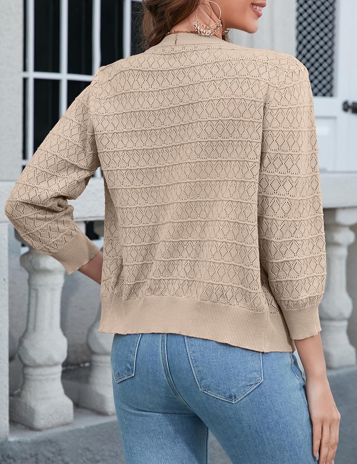 Women's 3/4 Sleeve V-Neck Button Down Cardigan Knit Shrugs Sweater - Image 2