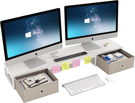 CAIYUN Wooden Monitor Stand With 2 Drawers, Riser With Smartphone Holder, 100cm Long Computer Desk for Printer White