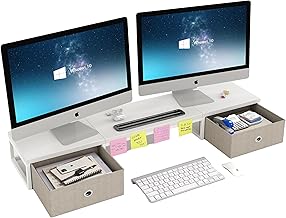 CAIYUN Wooden Monitor Stand With 2 Drawers, Riser With Smartphone Holder, 100cm Long Computer Desk for Printer (White)