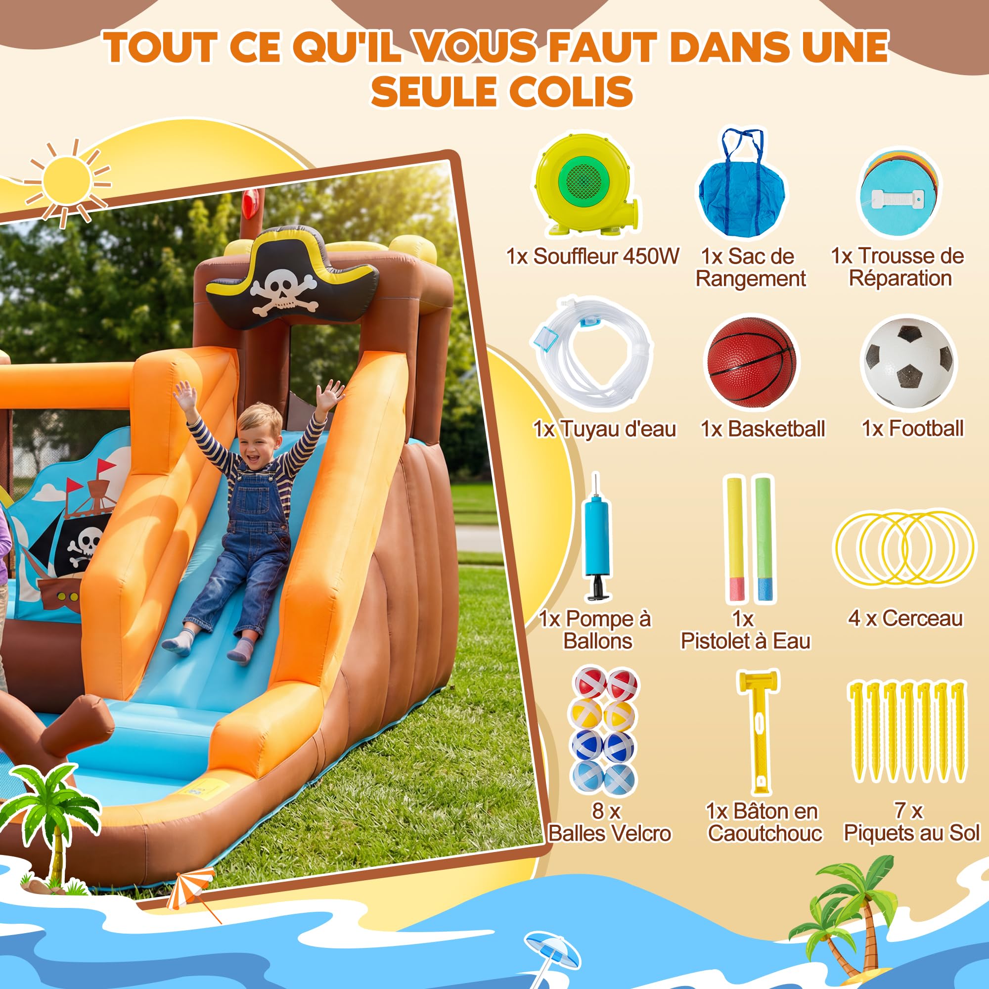 UEV 8 en 1 Château Gonflable pour Enfants XXL, avec Souffleur 450W, Parc Aquatique avec Zone de Saut, Toboggan, Jeu de Cerceaux, Balles Velcro, 394 x 326 x 243 cm