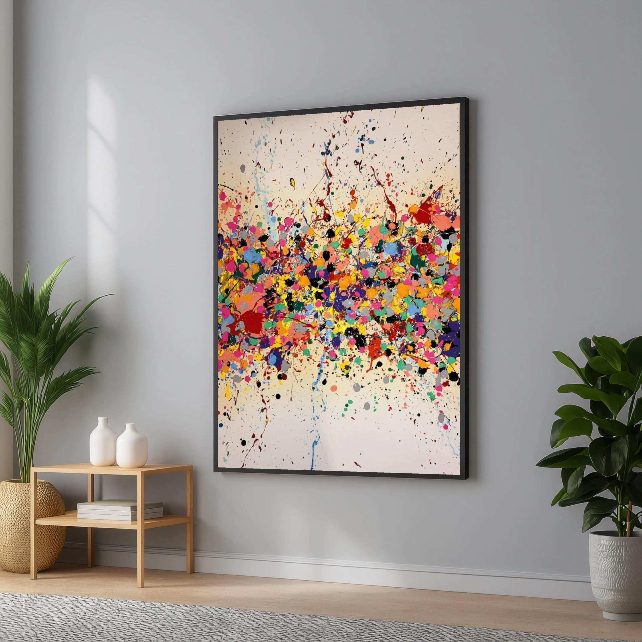UUDEZO Żywy, abstrakcyjny wzór natryskowy na płótnie: nowoczesna, kolorowa dekoracja ścienna, gotowa do zawieszenia (40 x 50 cm, czarna rama)