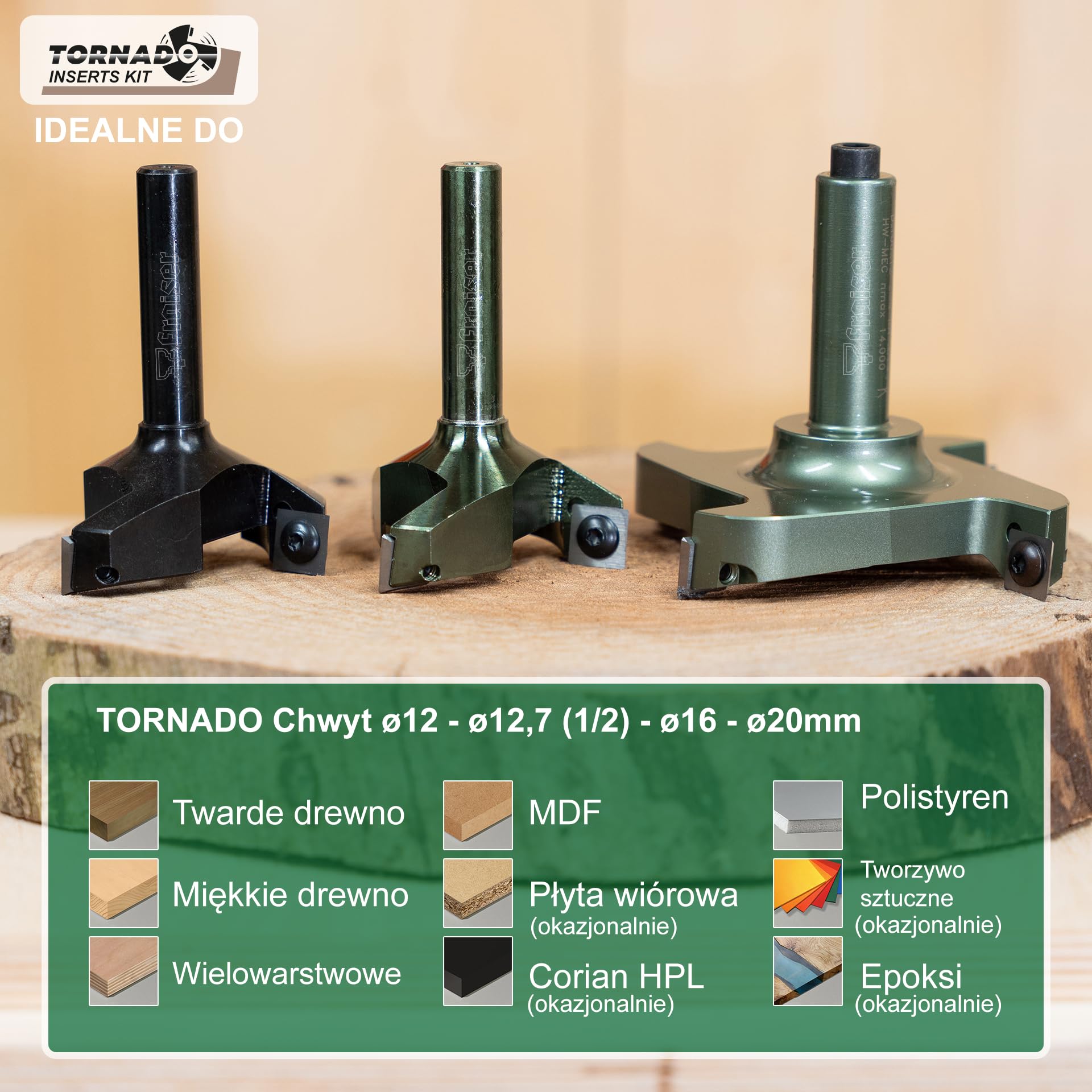 Fraiser Tornado zestaw zapasowy z 10 nożami / wkładkami z węglika spiekanego 12 mm, 3 śruby, klucz Torx T15 i Bittop - do frezu do frezowania trzpienia 12 mm