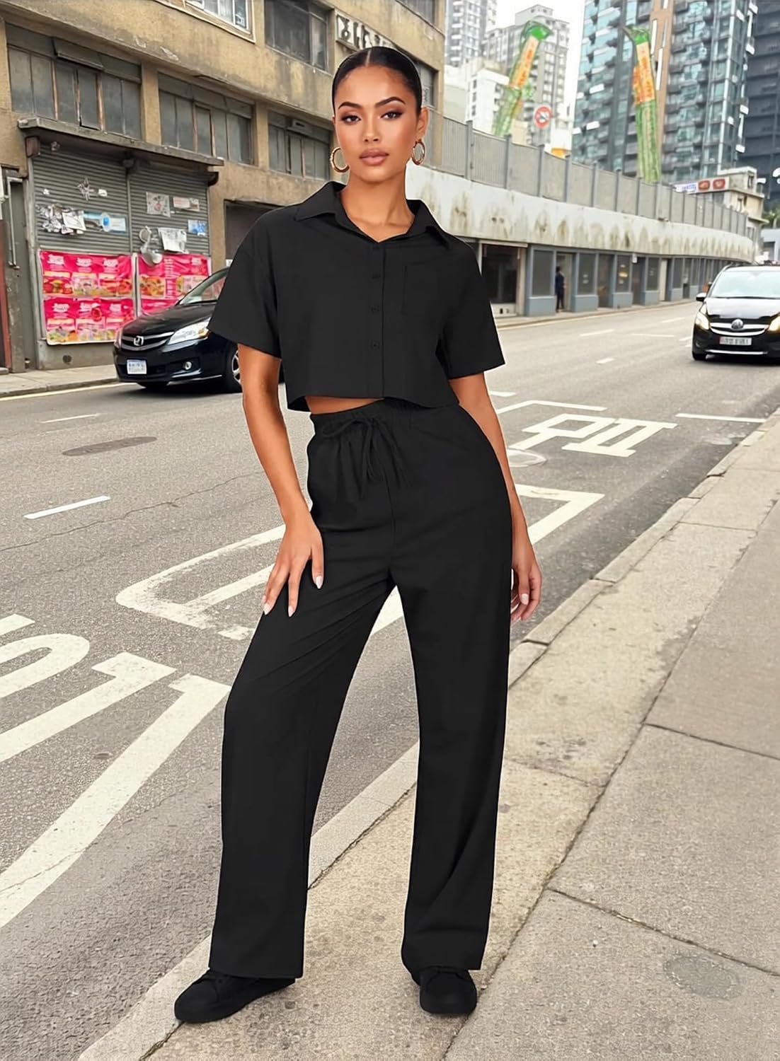 Women's 2 Piece Linen Outfits Crop Top & Wide Leg Pants Set image 3
