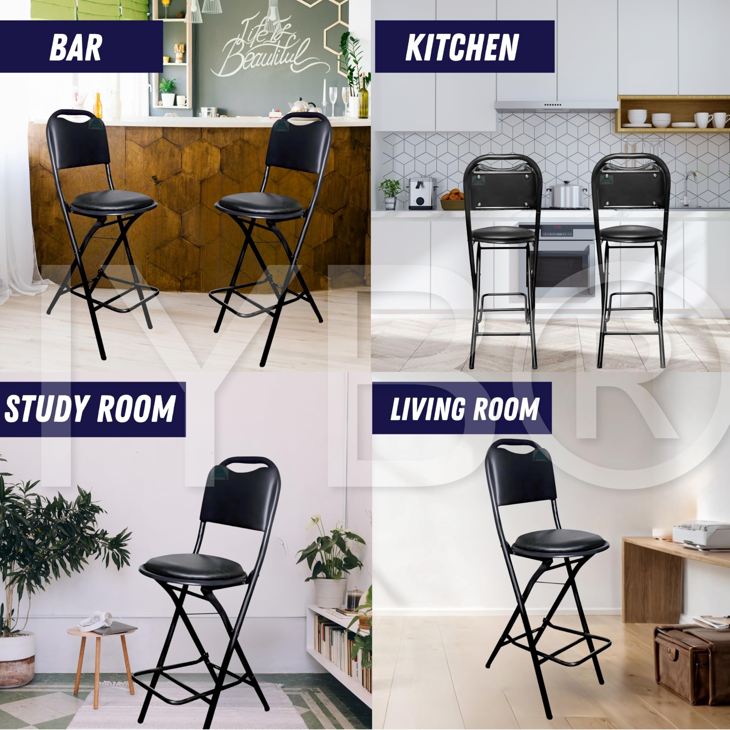 IYB® Premium Folding Kitchen & Stool Chair – 25 Inch Seat Height, Ergonomic Padded Seat, 100kg Capacity, Lightweight 4.5 kg, No Assembly, Space-Saving – Ideal for Kitchen, Bar, Living Room (Black) 4