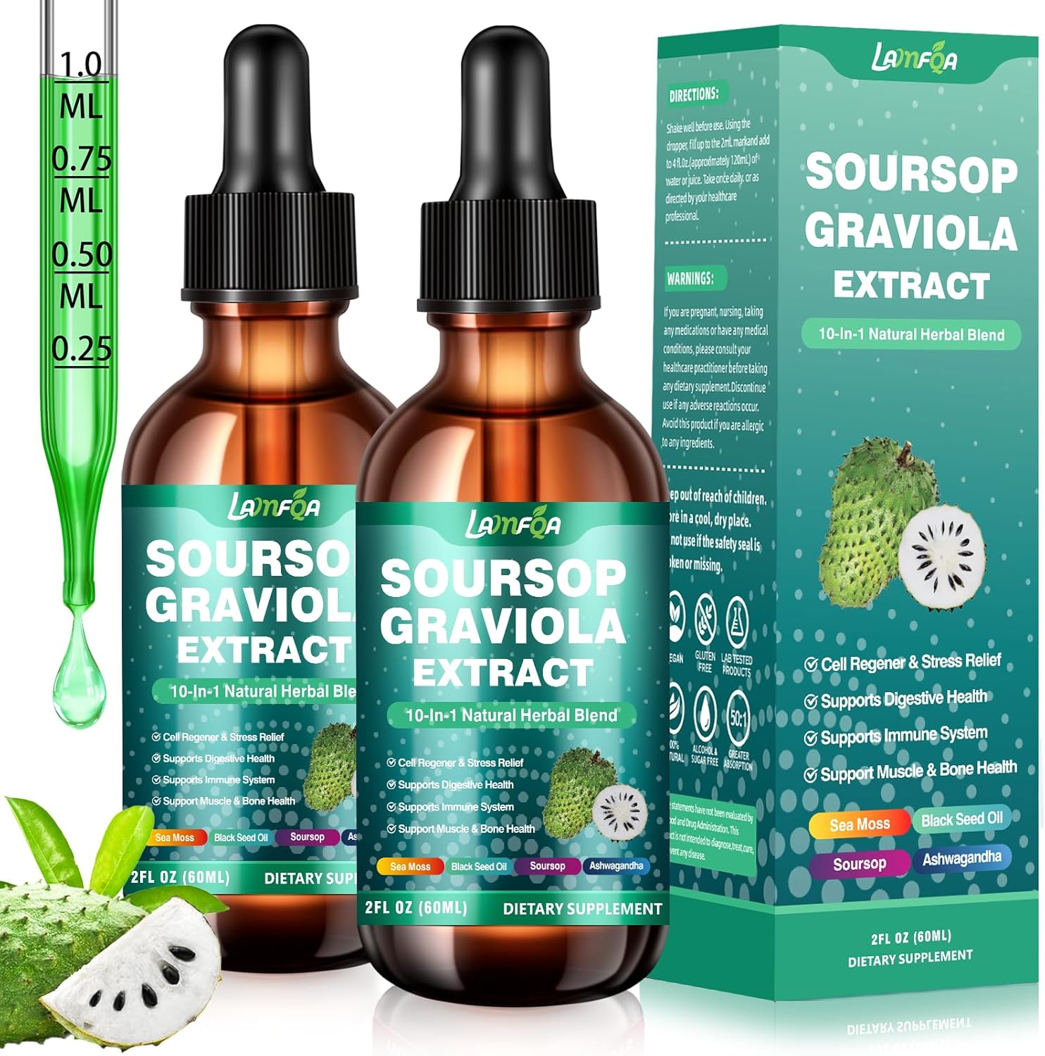 2 Pack Soursop Bitters Liquid 10-in-1 with Ashwagandha, Black Seed Oil & Turmeric, Gotu Kola for Immune Support, Gut Health, Cell Regeneration & Antioxidant, Vegan, Non-GMO, Sugar-Free