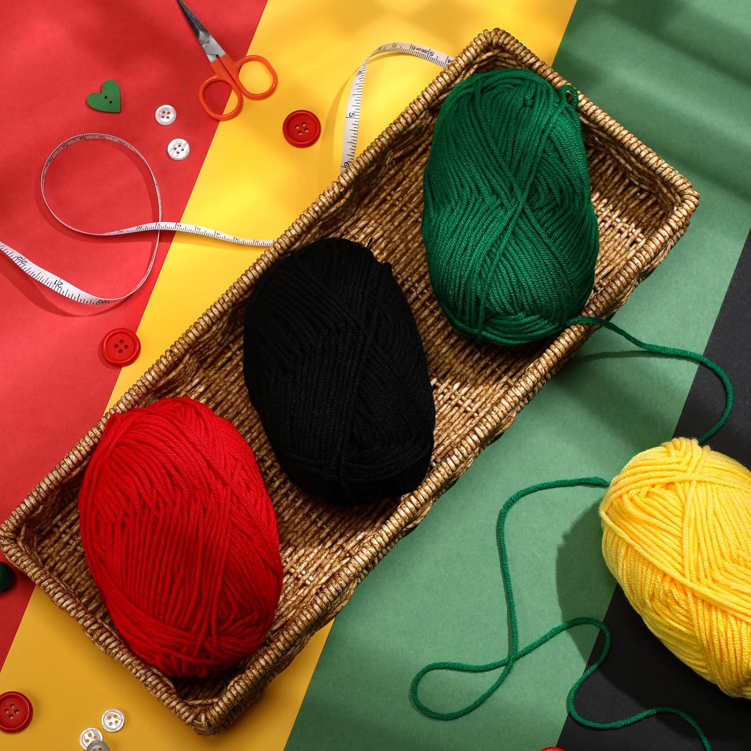 Threlaco 12 Pcs Juneteenth Skeins Yarn for Knitting Red Yellow Green Black Cotton Milk Yarn DIY Crafts Gift African American Decoration for Freedom Day Black History Month Kwanzaa Party Supplies