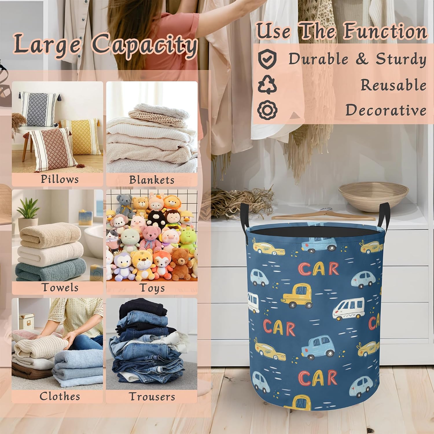 Cute Car Laundry Hamper,Collapsible Laundry Basket with Handles Waterproof Storage Bin for Clothes Books Organizer Basket for Bedroom Bathroom Dormitories 16" x 20.8"