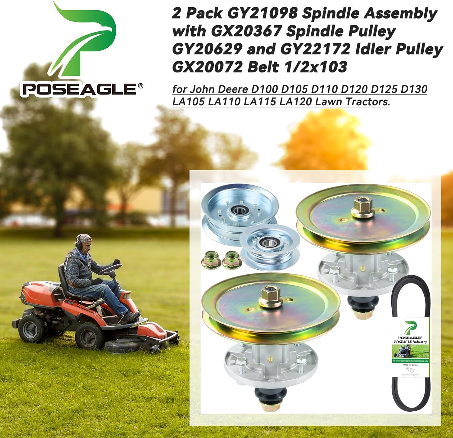 2 Pack GY21098 Spindle Assembly with GX20367 Spindle Pulley GY20629 and GY22172 Idler Pulley GX20072 Belt 1/2x103 for John Deere D100 D105 D110 D120 D125 D130 LA105 Lawn Tractors