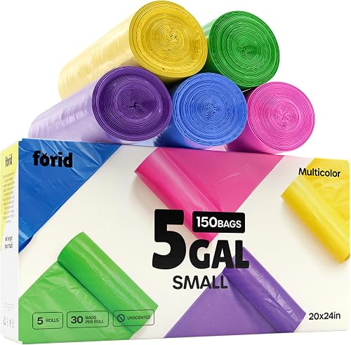 Small Garbage Bags - FORID 5 Gallon Trash Bags Durable Trash Can Liner for Home Office Bathroom Bedroom Waste Bin (5 Colors 150 Count) - Durable & Thick Trash Bag