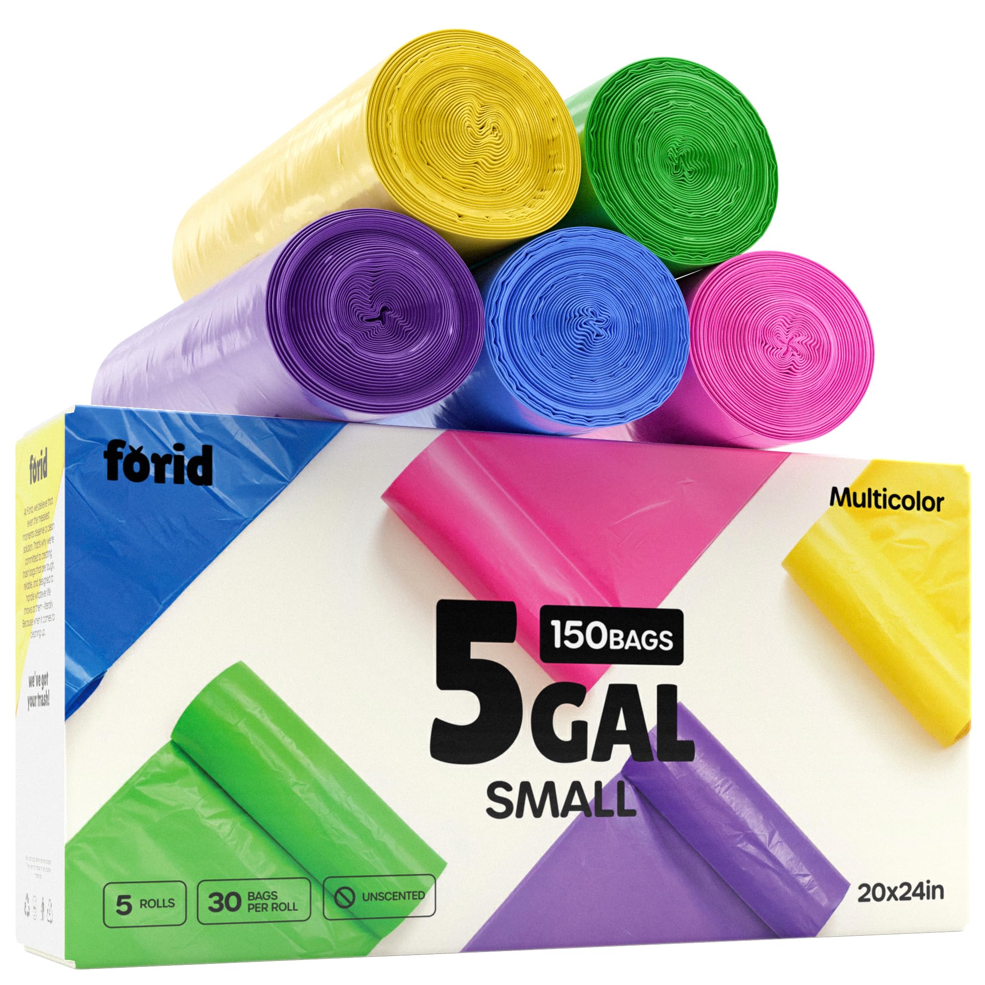 FORID Small Garbage Bags - 5 Gallon, Trash Can Liner for Home, Office, Bathroom, Bedroom, Waste Bin (5 Colors 150 Bags) - Durable & Thick Trash Bag Multi Colored