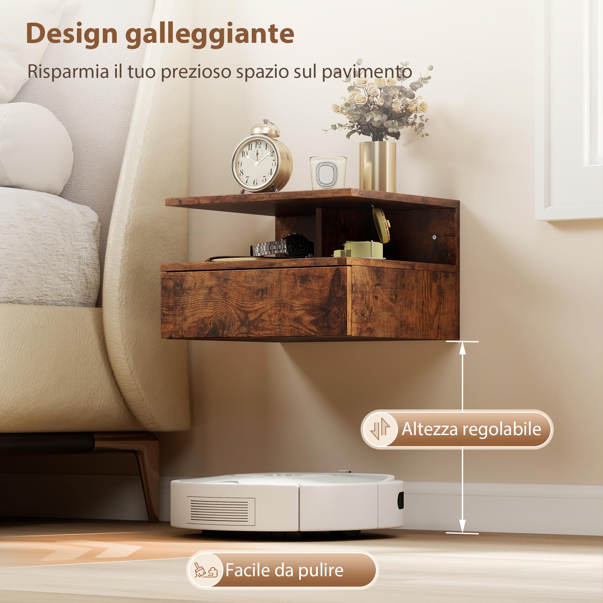 HOMCOM Set di 2 Comodini Camera da Letto Sospesi con Cassetto e Scomparto Aperto, Coppia di Comodini Moderno in Legno, Tavolini per Divano, Soggiorno, Salotto e Camera, 35x32x22.5 cm, Marrone Rustico