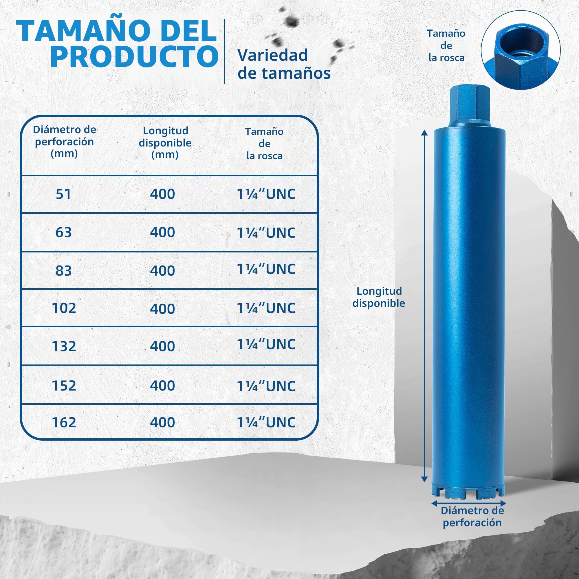 1¼" UNC Broca de Diamante Ø 132mm, Longitud útil 400 mm,Broca de Sierra de Agujero,Corona de Perforación de Diamantada para Hormigón,Cemento,Ladrillo,Piedra