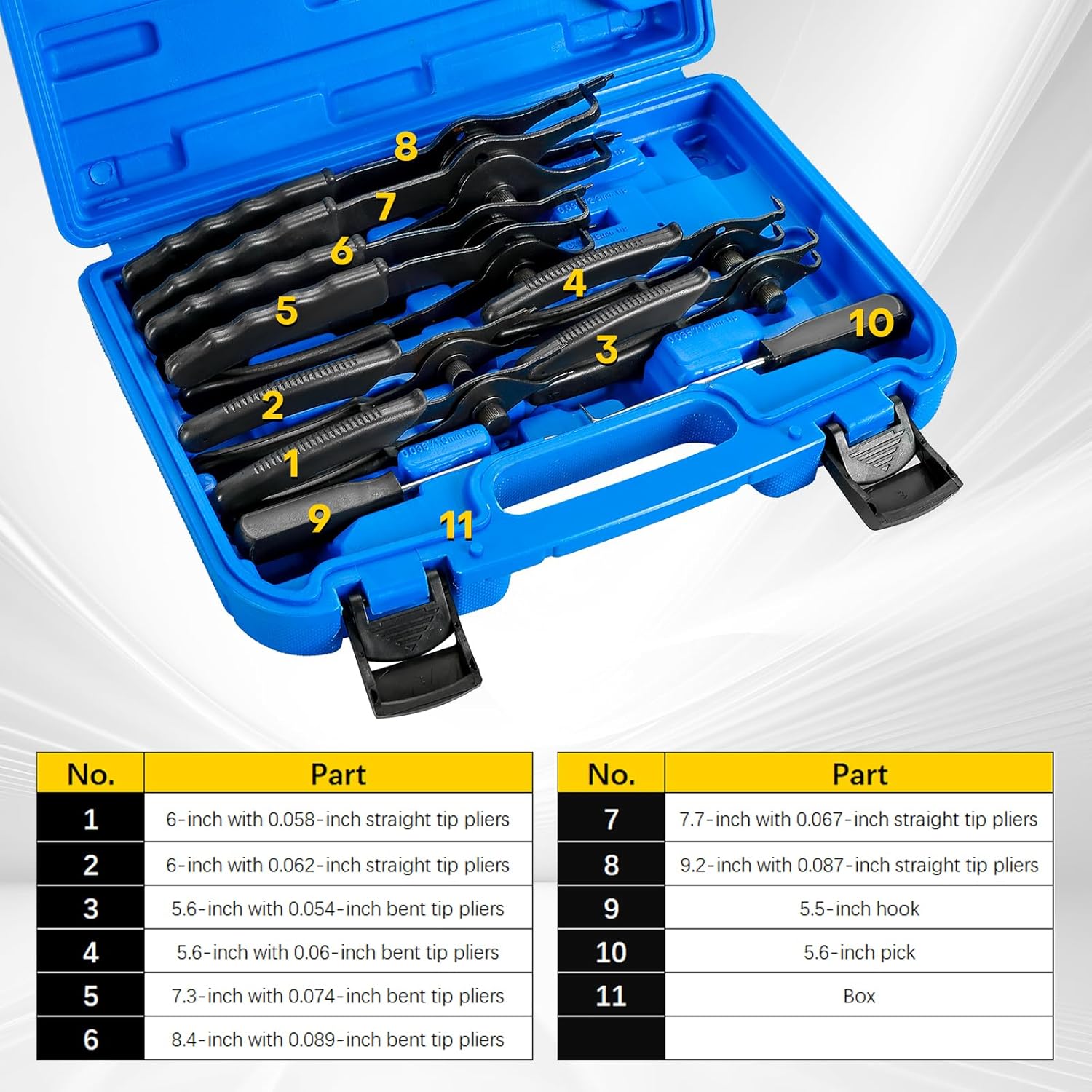 11PCS Snap Ring Plier Set | Internal & External Circlip Removal Tools with Bent & Straight Pliers Hook Pick, for Automotive, Motorcycles, Lawn Mowers, Durable Circlip Pliers with Storage Case