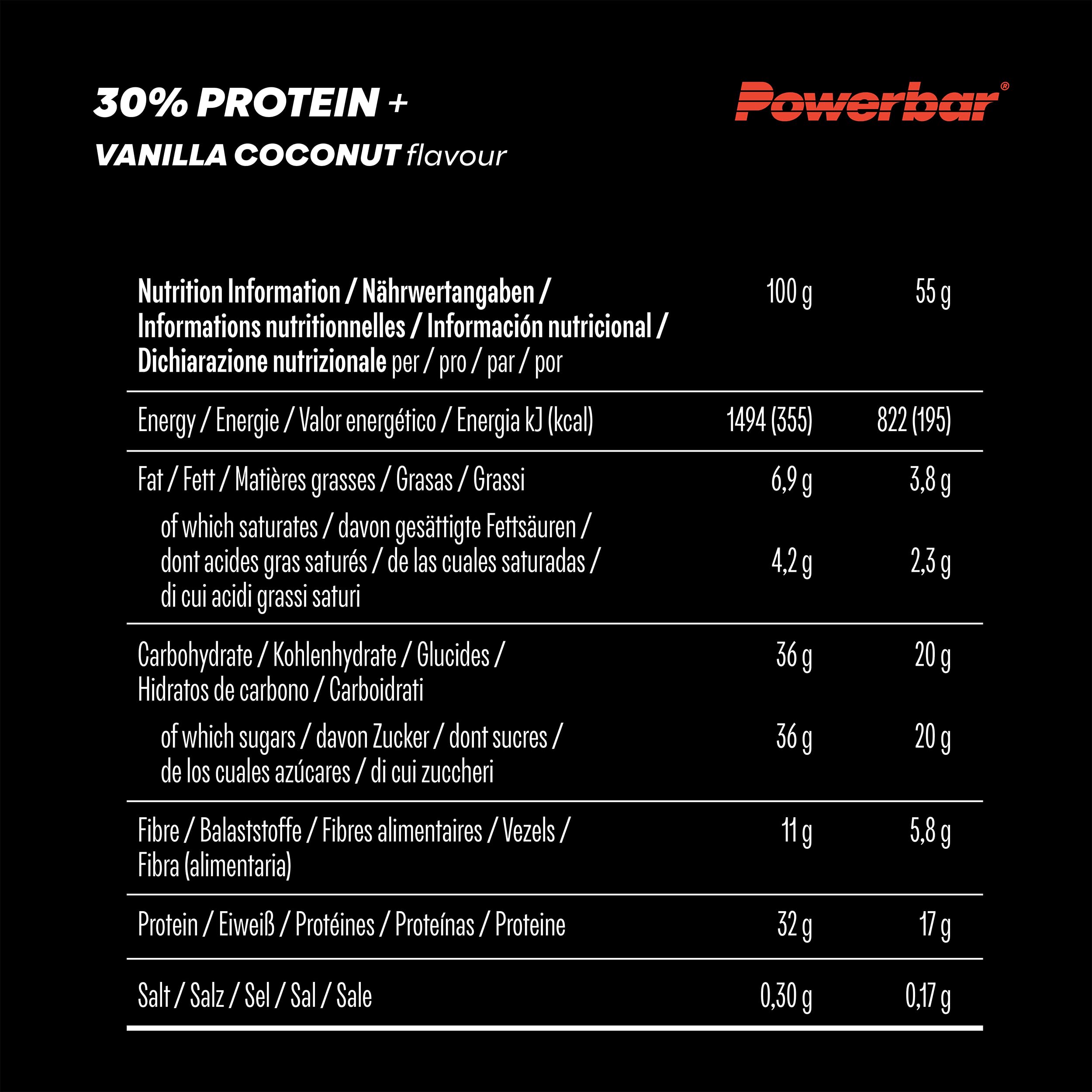 PowerBar Protein Plus 30% Vanilla Coconut 15x55g - Barra ad Alta Proteina + Proteine del Siero e della Caseina, 15 Riegel