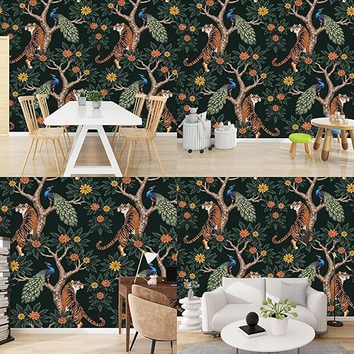 Miniatura 6 de Papel tapiz 3D tigre y pavo real, patrón sin costuras con tigre y pavo real en árbol con autoadhesivo para dormitorio, sala de estar, dormitorio,