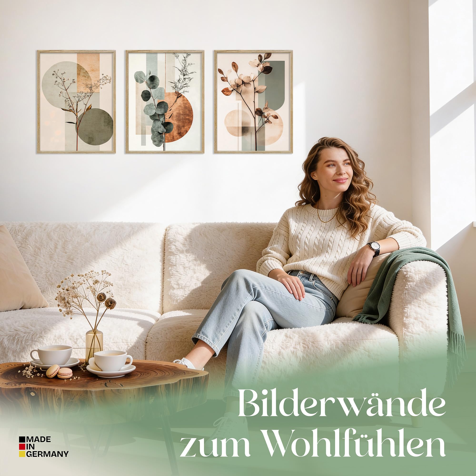 ARTFAVES® Poster Set - Abstract Flower Art 2-3-teilige Bildercollage Wohnzimmer, Schlafzimmer - moderne Wandbilder Trockenblumen, Blumen, Pflanzen - 30x40 cm - mit Rahmen Eiche
