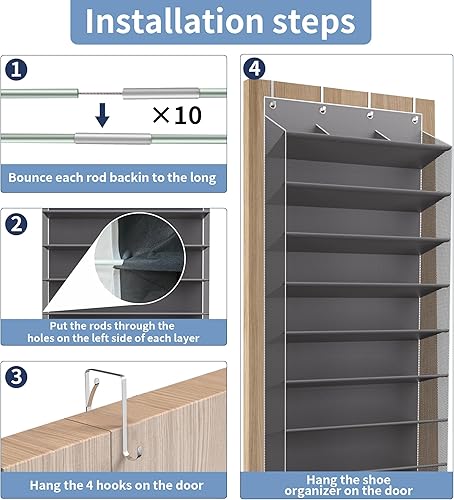 Miniatura 5 de Organizador de zapatos de 10 niveles de tamaño grande sobre la puerta, capacidad para 30 pares de zapateros colgantes con bolsillos profundos para