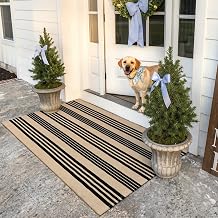KIMODE Striped Outdoor Rug 3x 5,Washable Reversible Striped Outdoor Patio Rugs,Cotton Hand Woven Farmhouse Welcome Layered Door Mats for Front Door Entryway Porch Spring Decor Black and Khaki