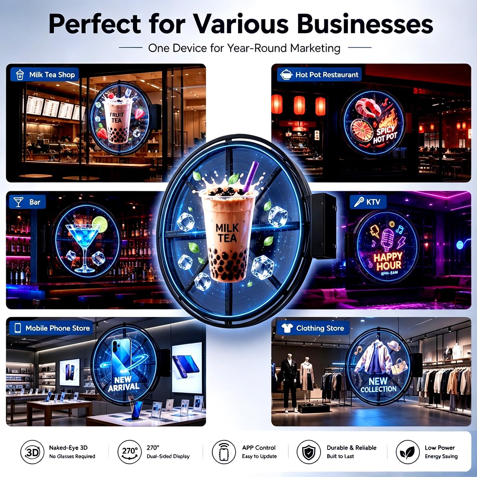 Cajas De Luz Holográficas 3D De Doble Cara, Letrero Publicitario | Letrero LED Impermeable Con Control Por APP Para Negocios, Restaurantes, Cafeterías, Salones De Belleza Y Tiendas(60cm)