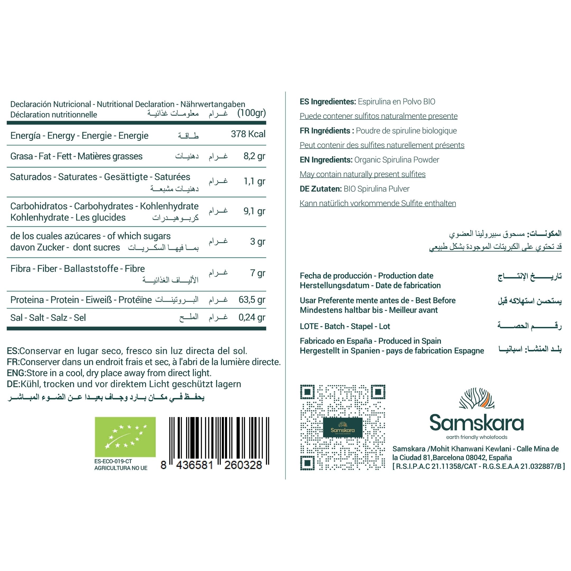 Spiruline en Poudre BIO Samskara | 63% Protéines | Superaliment Naturel | Spiruline Poudre Bio pour Smoothies, Yaourts, Recettes | Organic Spirulina Powder - 1 kg