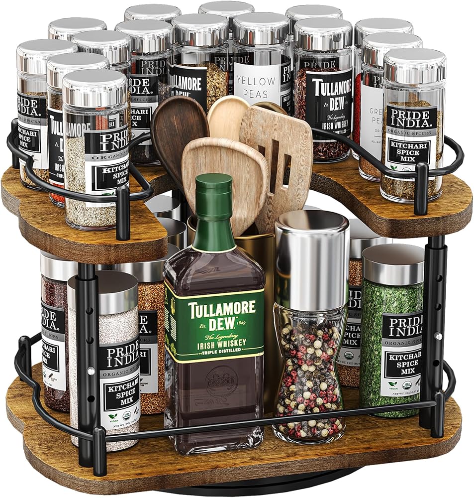 SNTD Lazy Susan Spice Rack Organizer for Cabinet, Wood, Vintage, 12 in