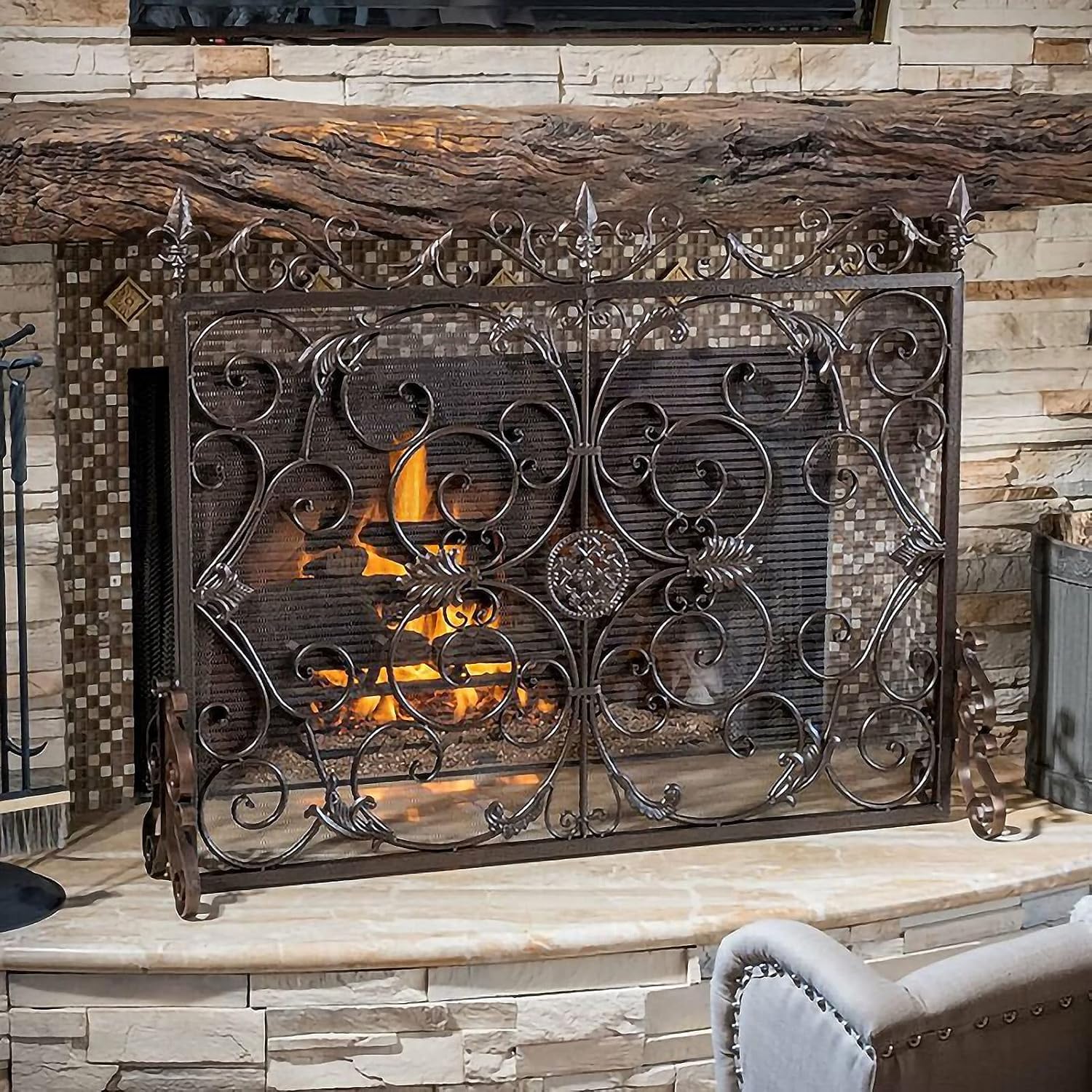Fireplace Screen Guard, Fire Guard Indoor Iron Fire Panel，Flame Barrier Screen 33.8in Tall， Wide Metal Mesh Safety Fire Place Guard for Wood and Coal Firing， Stoves， Grills (Brown 105