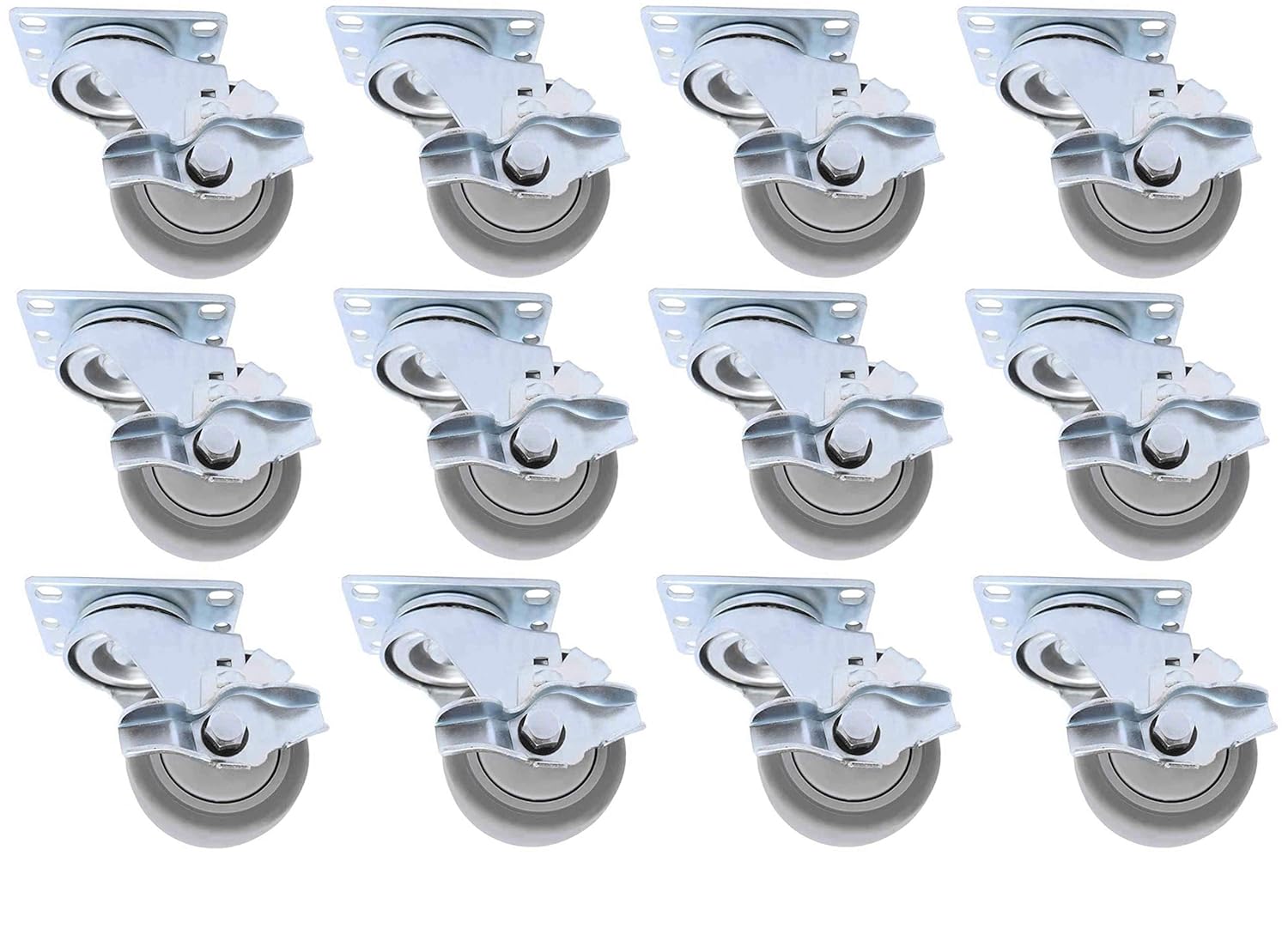SY America 3" Plate Caster Thermosplastic Light Heavy Duty Rubber Gray Swivel Caster with Break, Top Plate Casters, 300lb Each Capacity (Pack of 4, 4 Swivel w/Brakes)