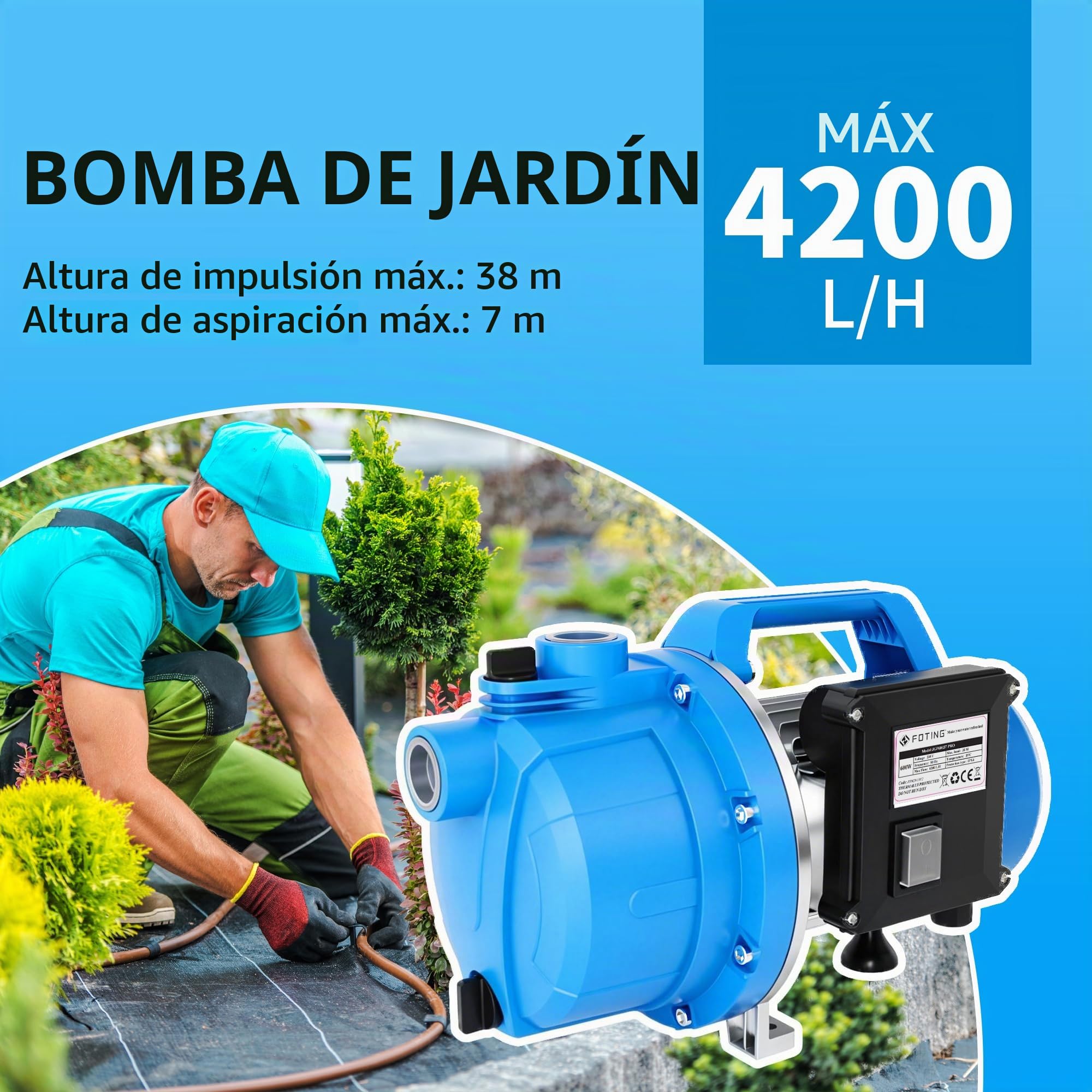 FOTING Bomba de jardín - Bomba eléctrica de agua para riego con asa (600 W, 230 V/50 Hz, caudal máx. 4200 l/h, presión 4,5 bar, altura máx. 38 m, aspiración 7 m, conexión G1")
