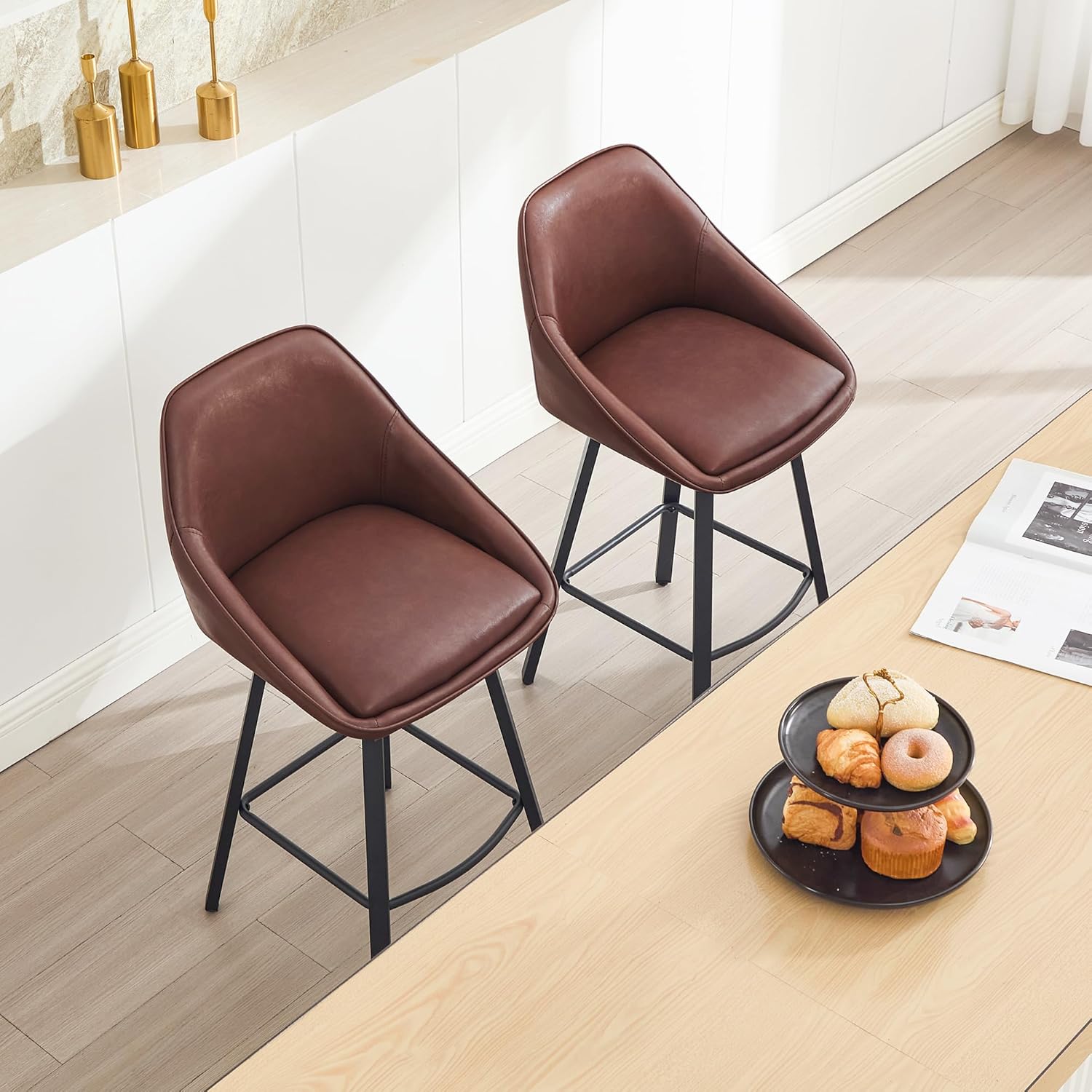 Swivel Bar Stools Set of 2, 26" Modern Counter Height Barstools with Back and Metal Legs, Upholstered Faux Leather Bar Chairs Island Stools for Kitchen Counter, Brown