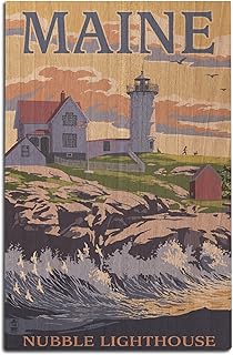 York, Maine, Nubble Lighthouse Birch Wood Wall Sign (12x18 Rustic Home Decor, Ready to Hang Art)