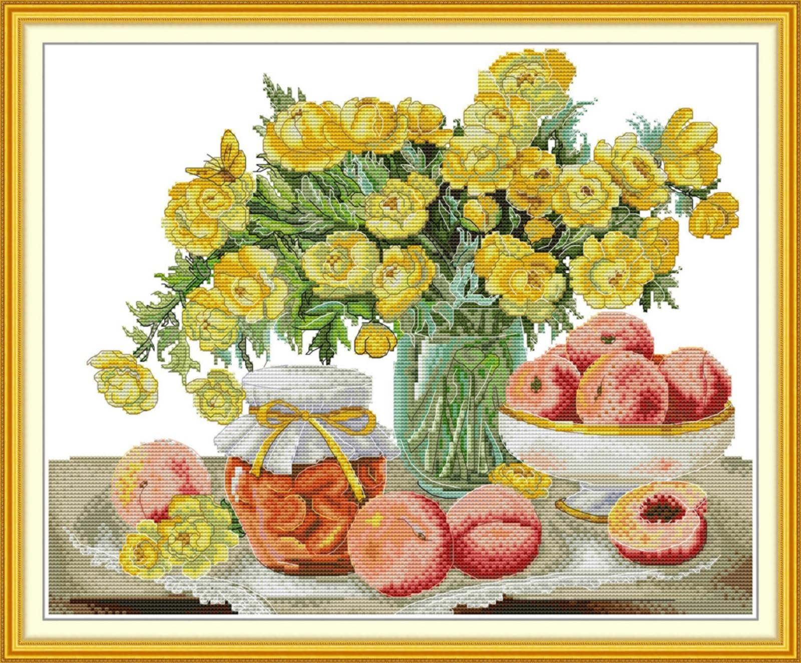 CaptainCrafts Cross Stitch Kits, Counted Cross Stitch Unpreprinted Fabric Cross Stitch Adults DMC DIY Art Embroidery Kits (Unpreprinted 14CT, Camellias and Hearts)