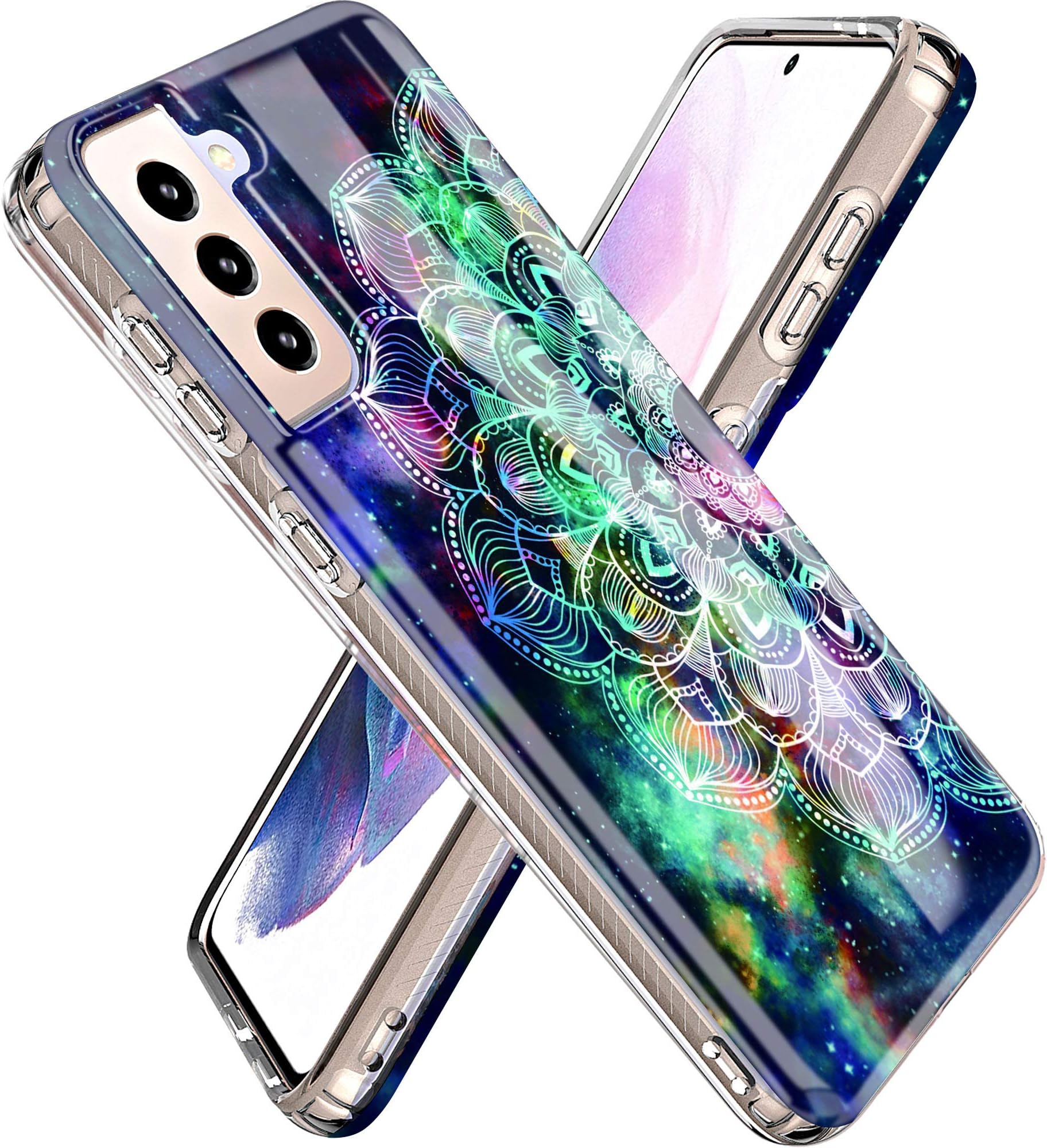 JDBRUIAN Galaxy S21 Plus Case, Hybrid Hard Plastic Back Soft Clear Glitter TPU Edge Bumper Drop Shockproof Protective Cover for Galaxy S21 Plus 6.7 inch - Mandala in Galaxy